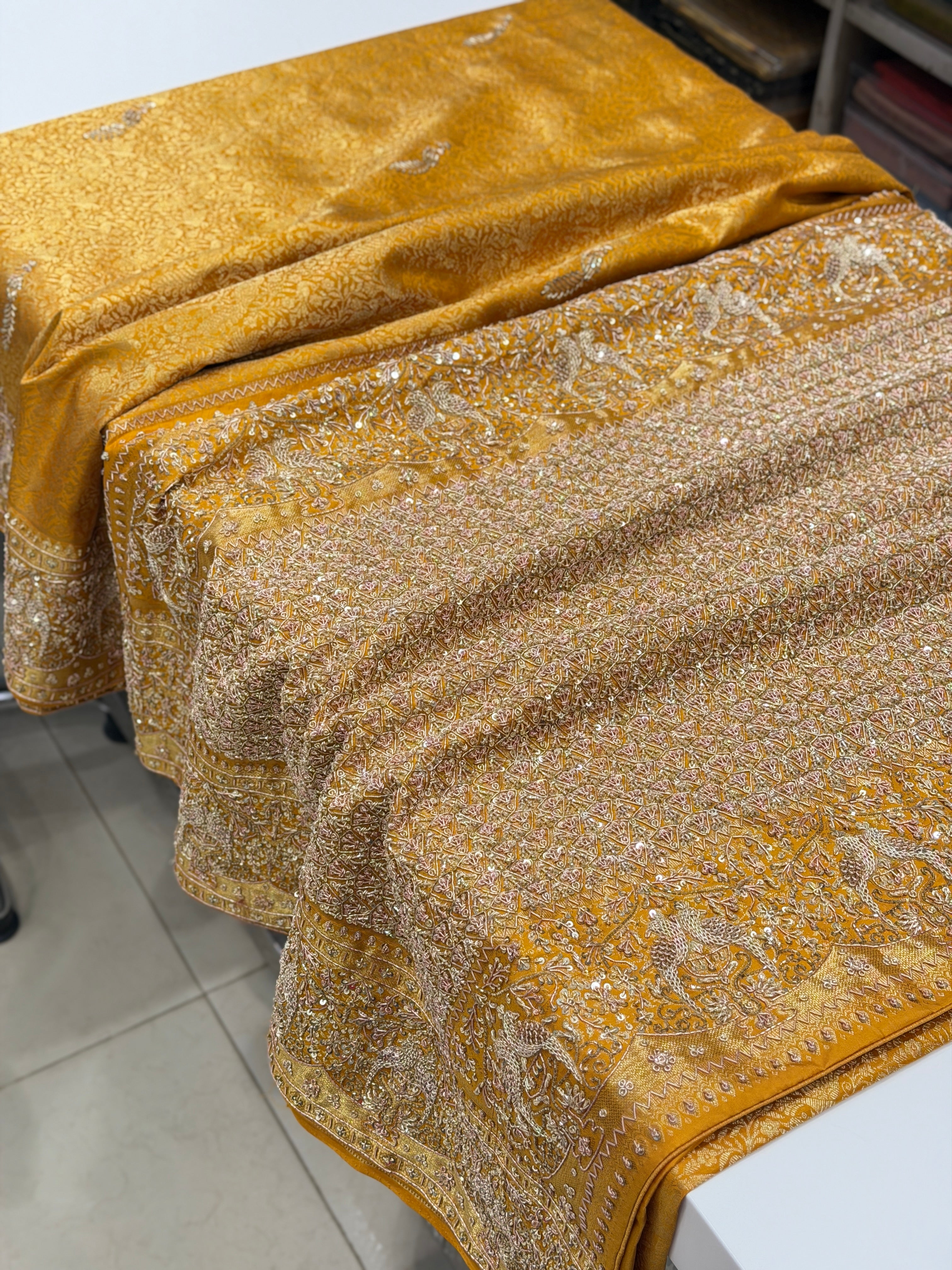 Mustard Yellow Kanjivaram Peacock Moti Hand Embroidery Zardosi Saree