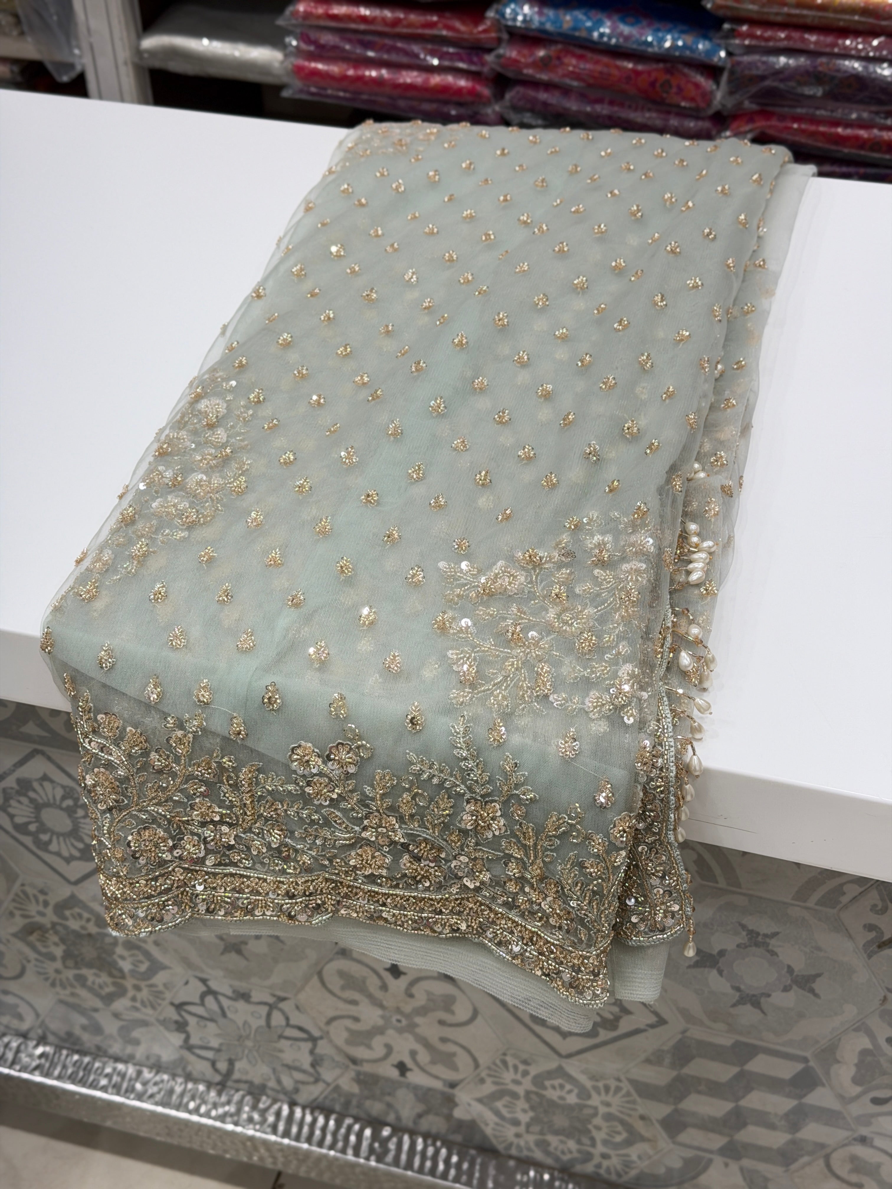 Light Blue Buttis Heavy Blouse Soft Net Embroidery Saree