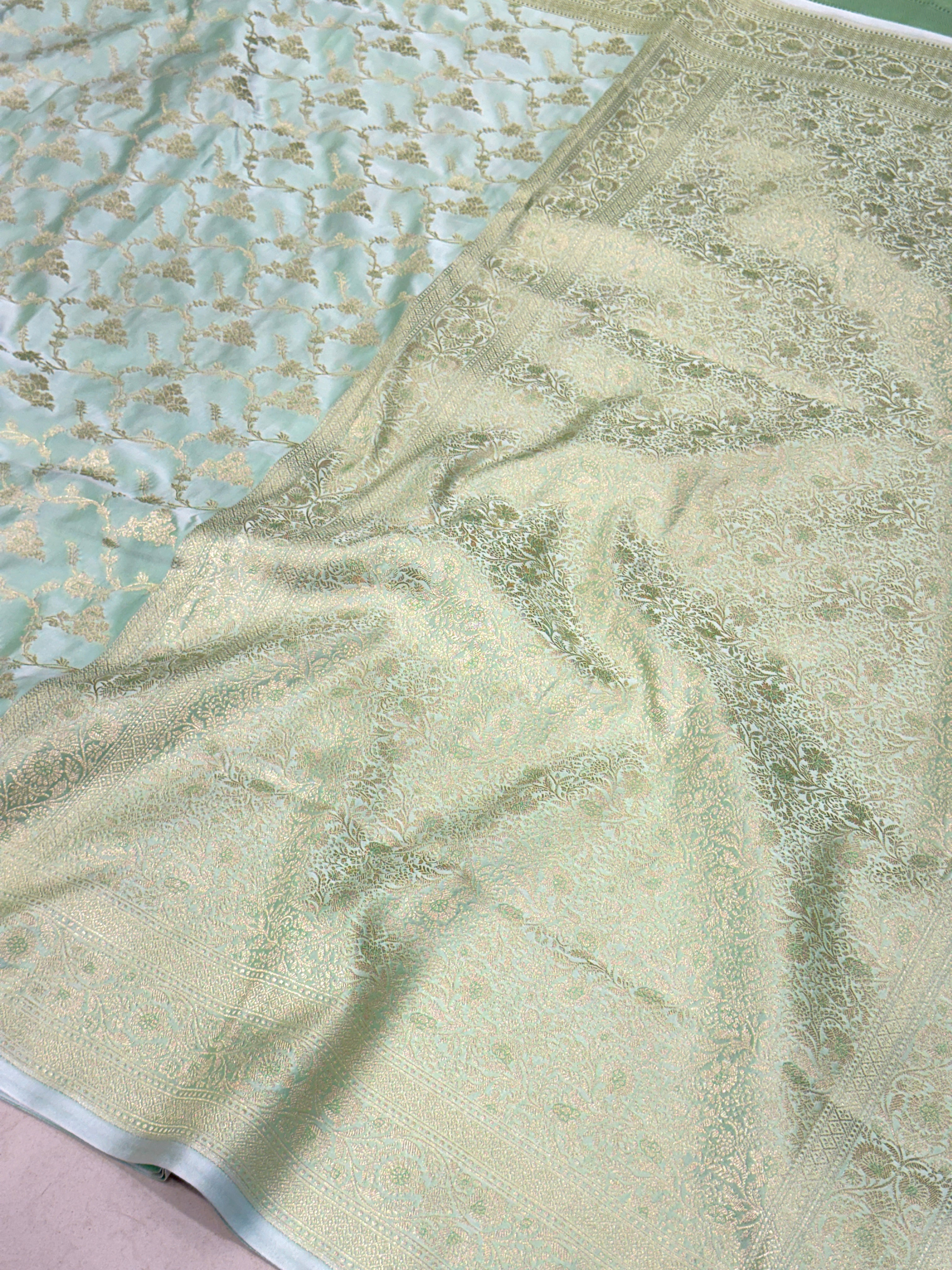 Pista Green Jasmine Jaal Banarasi Silk Saree