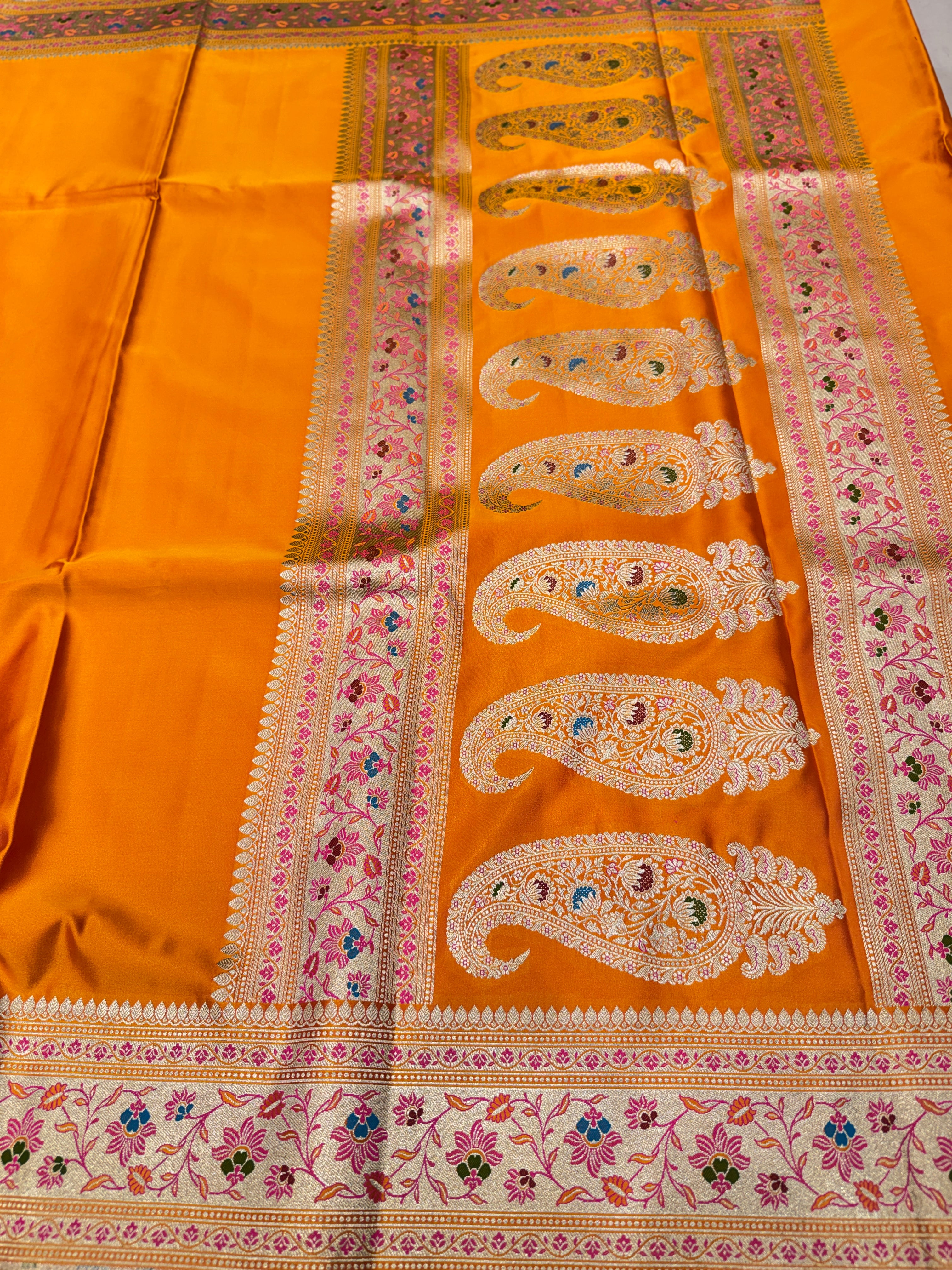 Mango Yellow Banarasi Plain Body Meena Pallu Border Saree