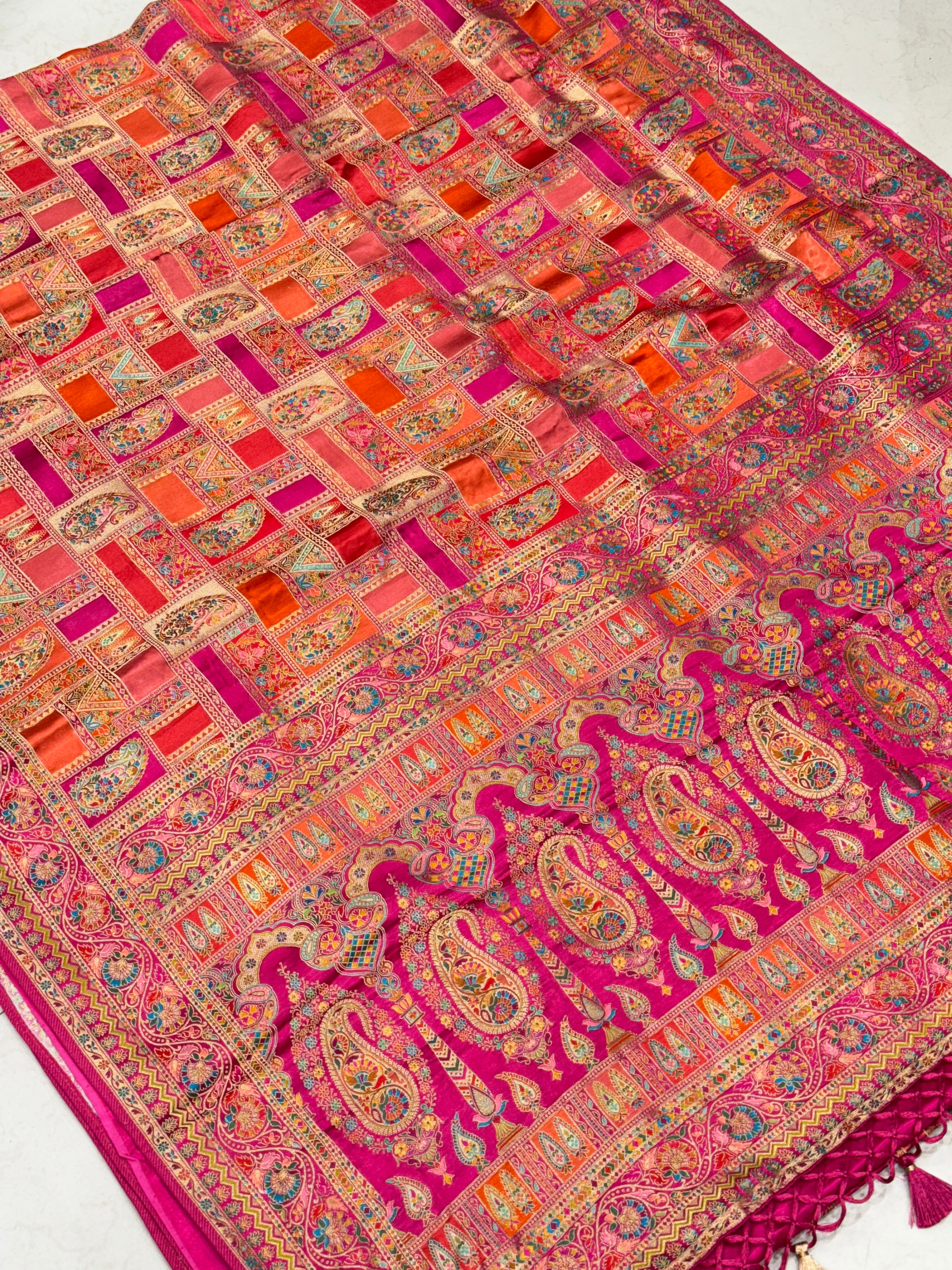 Orange Rani Banarasi Modal Rangkat Satin Checkered Silk Saree