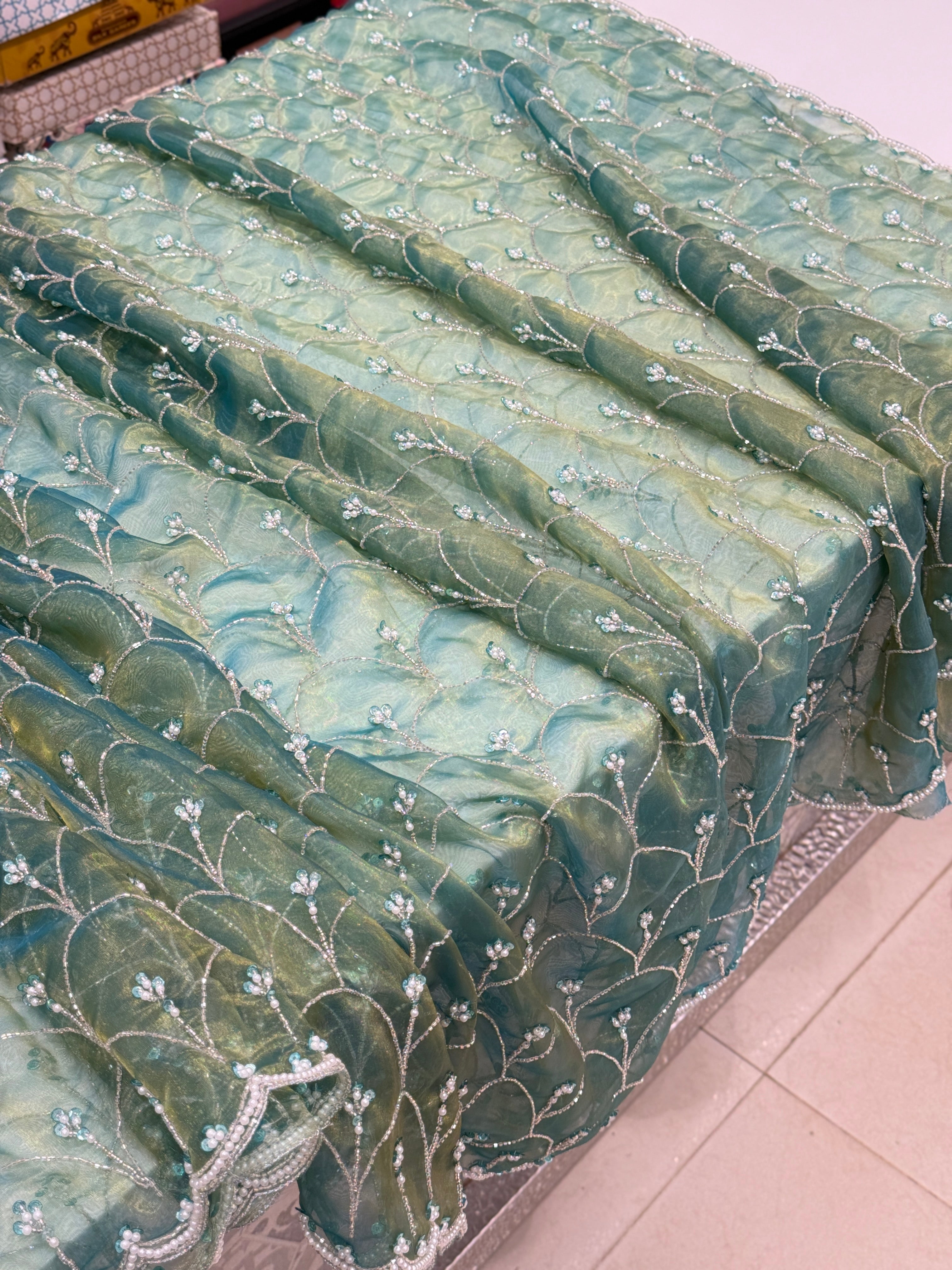 Green Glass Tissue Organza Hand Embroidery Saree