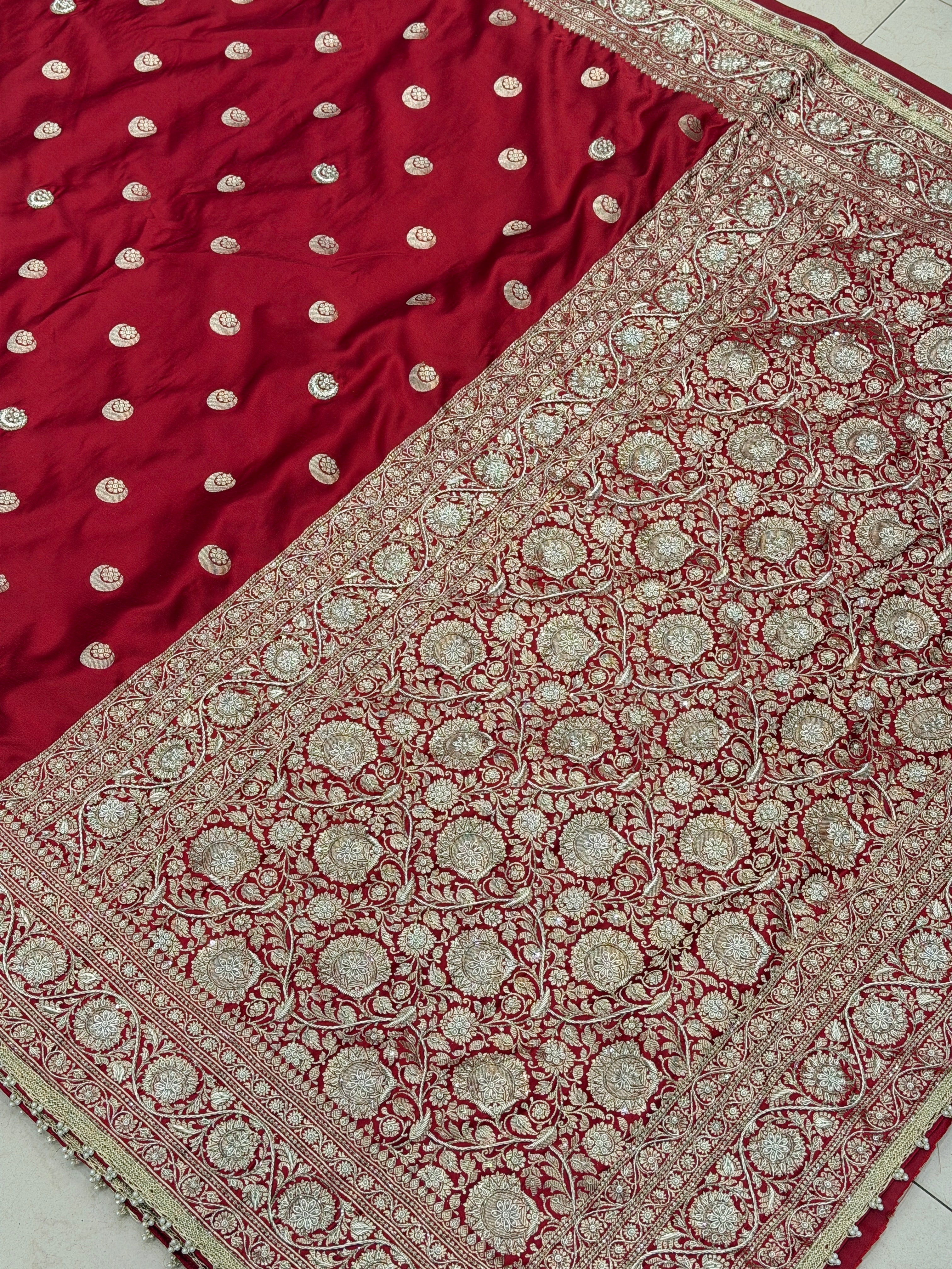 Maroon Banarasi Chand Butti Zardosi Hand Embroidery Saree
