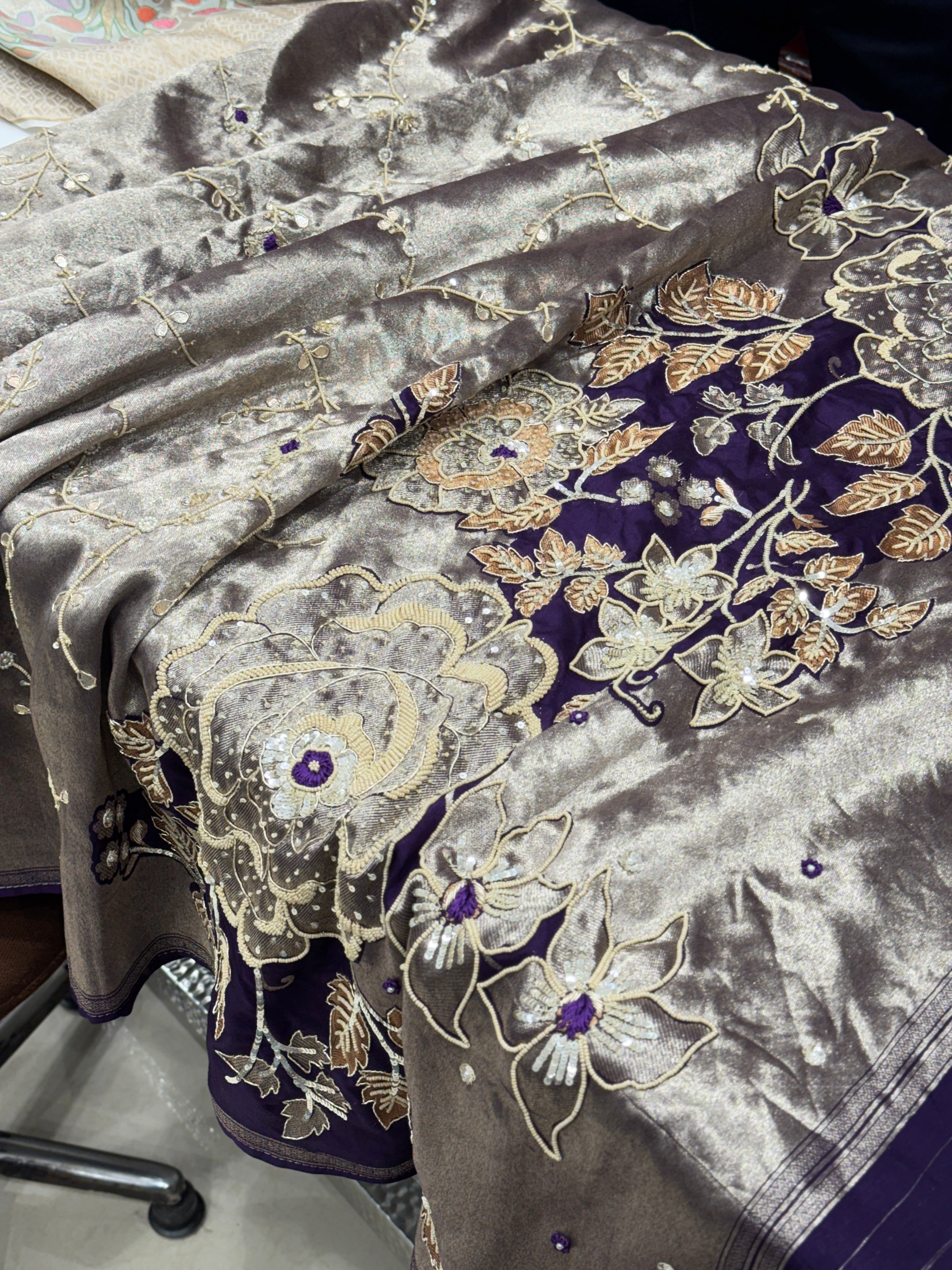 Violet Tissue Floral Pallu Zardosi Embroidery Saree