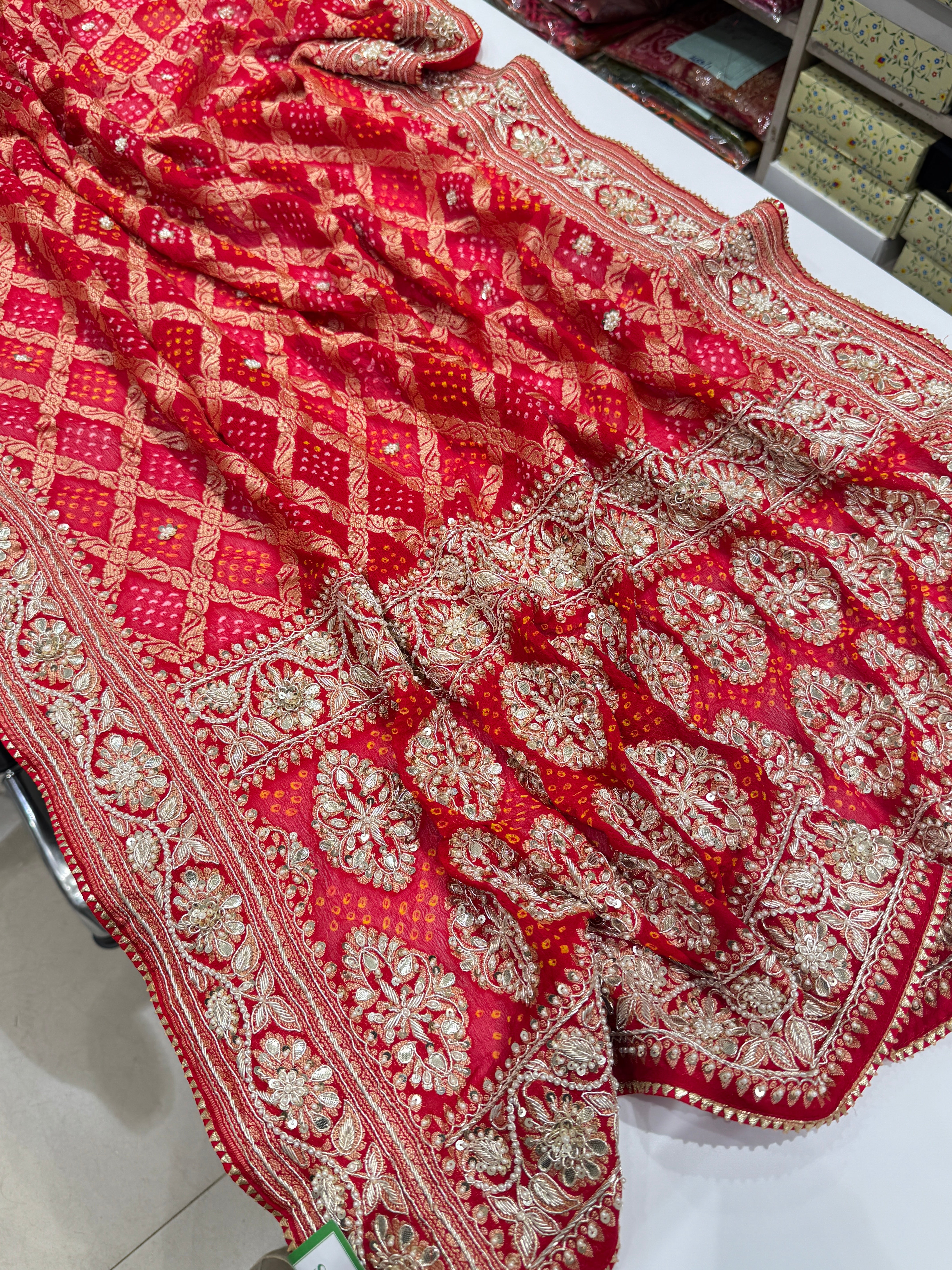 Red Hand Embroidery Bandhej Dupatta