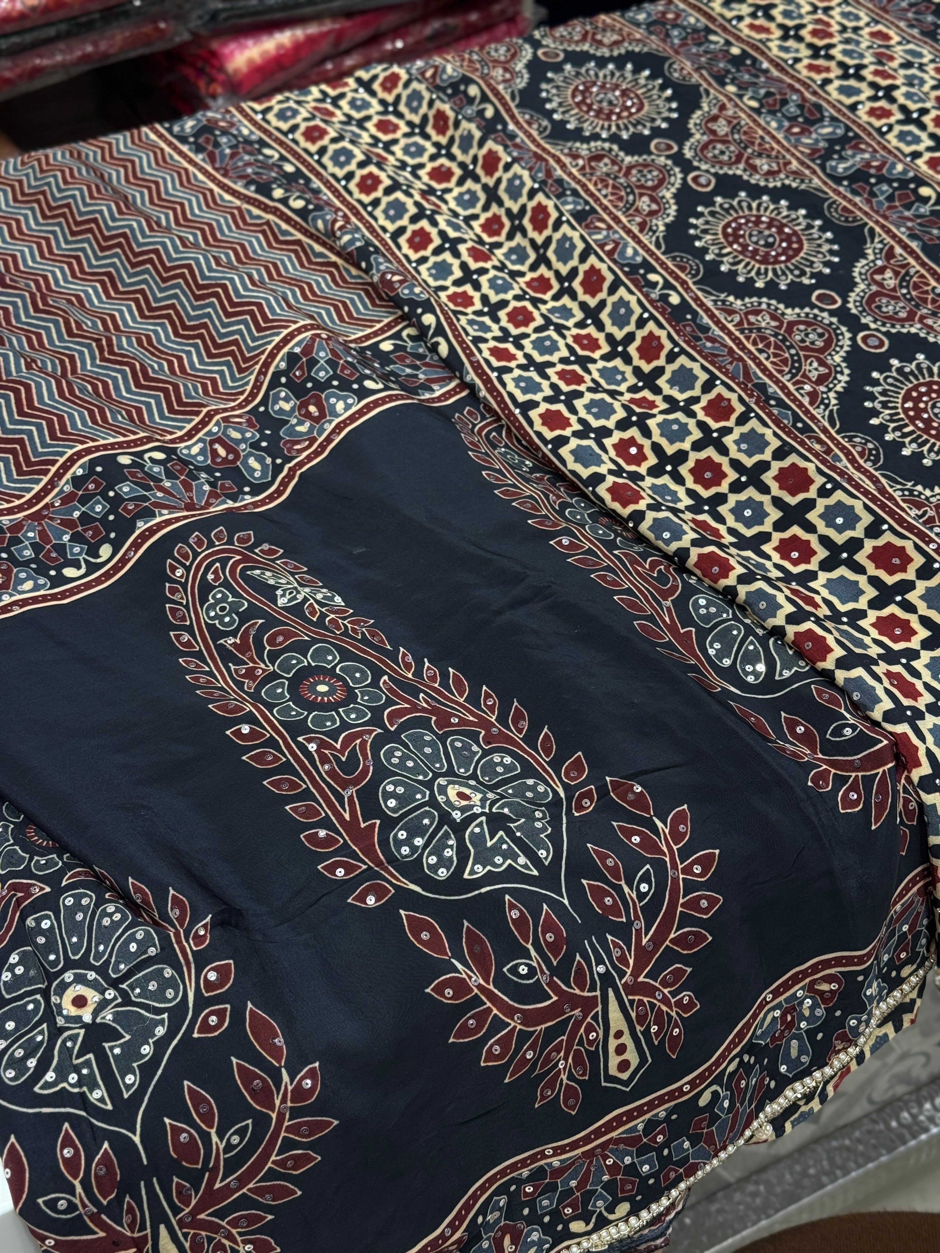 Ajrakh Satin Digital Print Hand Embroidery Saree