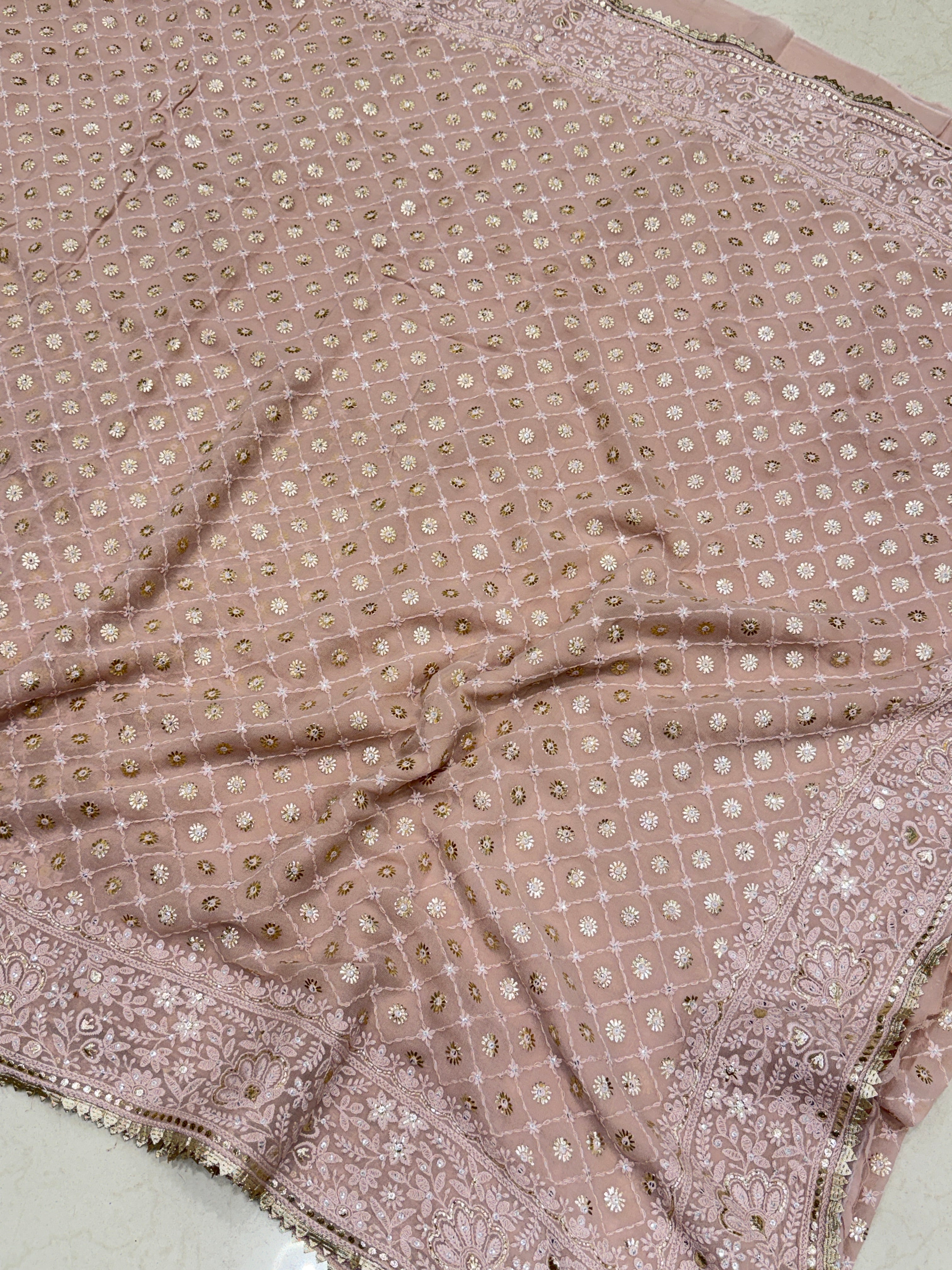 Nude Pink Georgette Chikankari Resham Saree
