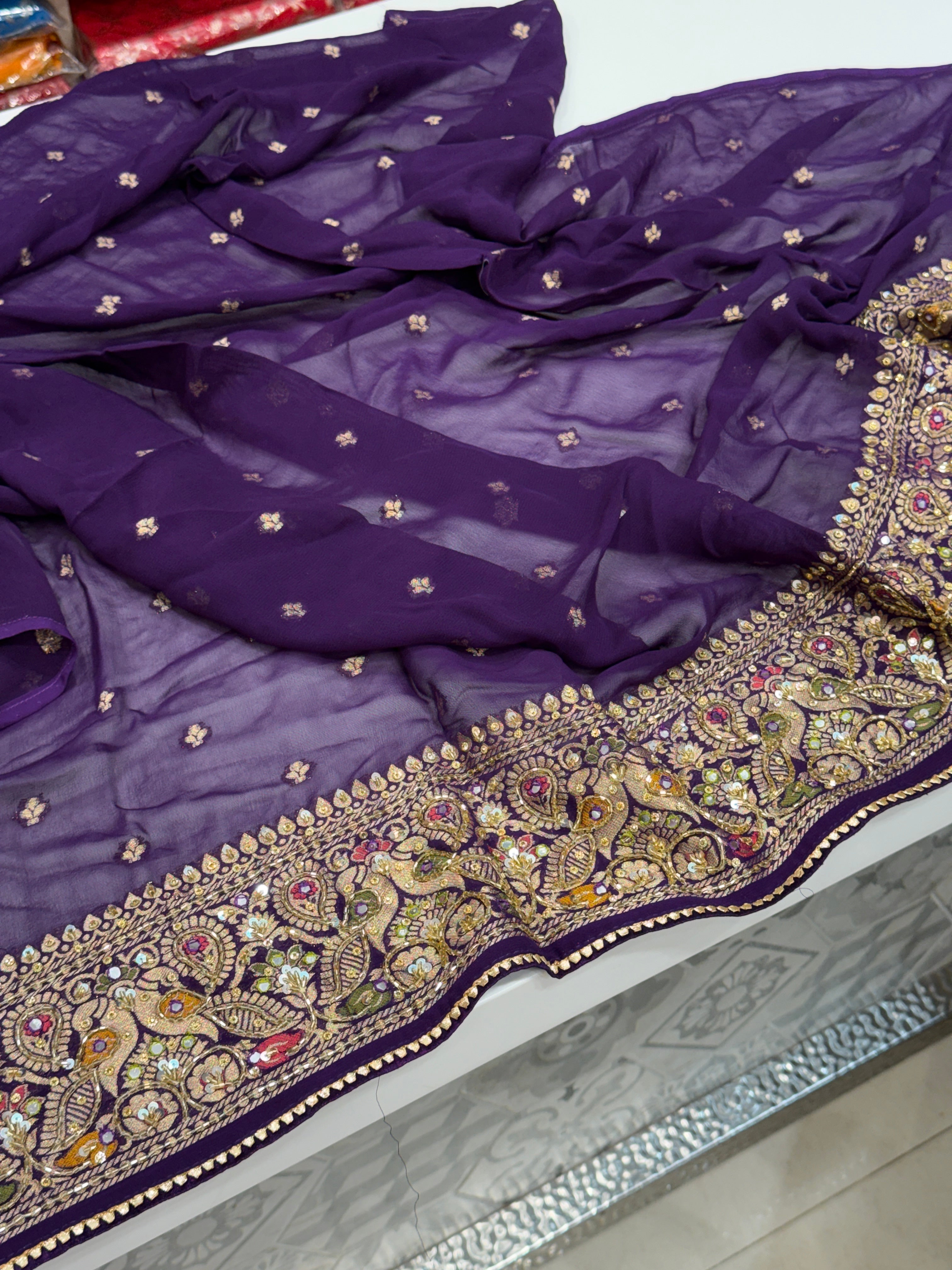 Beige Violet Gharchola Hand Embroidery Saree