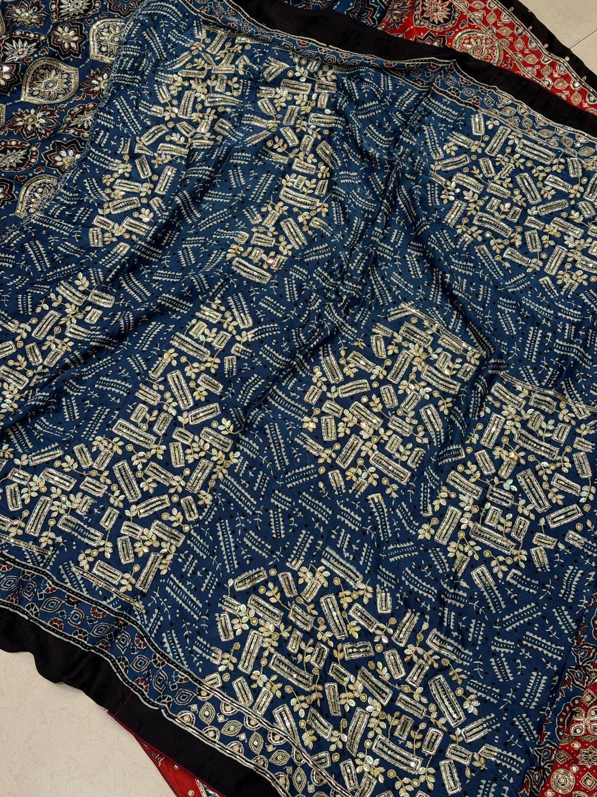Red Blue Half Half Badam Jaal Pita Zardosi Sequin Ajrakh Hand Embroidery Saree