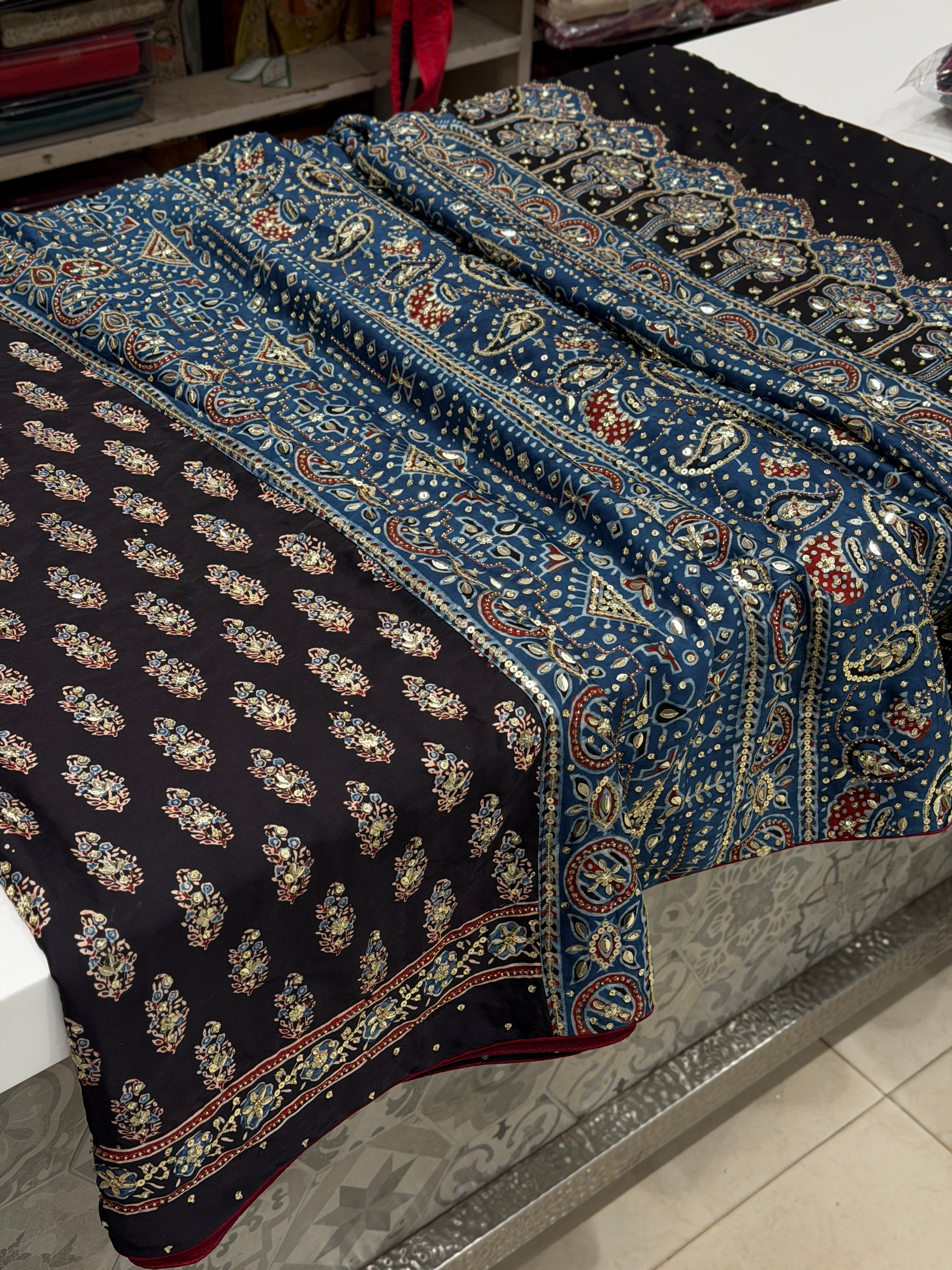 Black Blue Butti Ajrakh Sequin Moti Hand Embroidery Saree