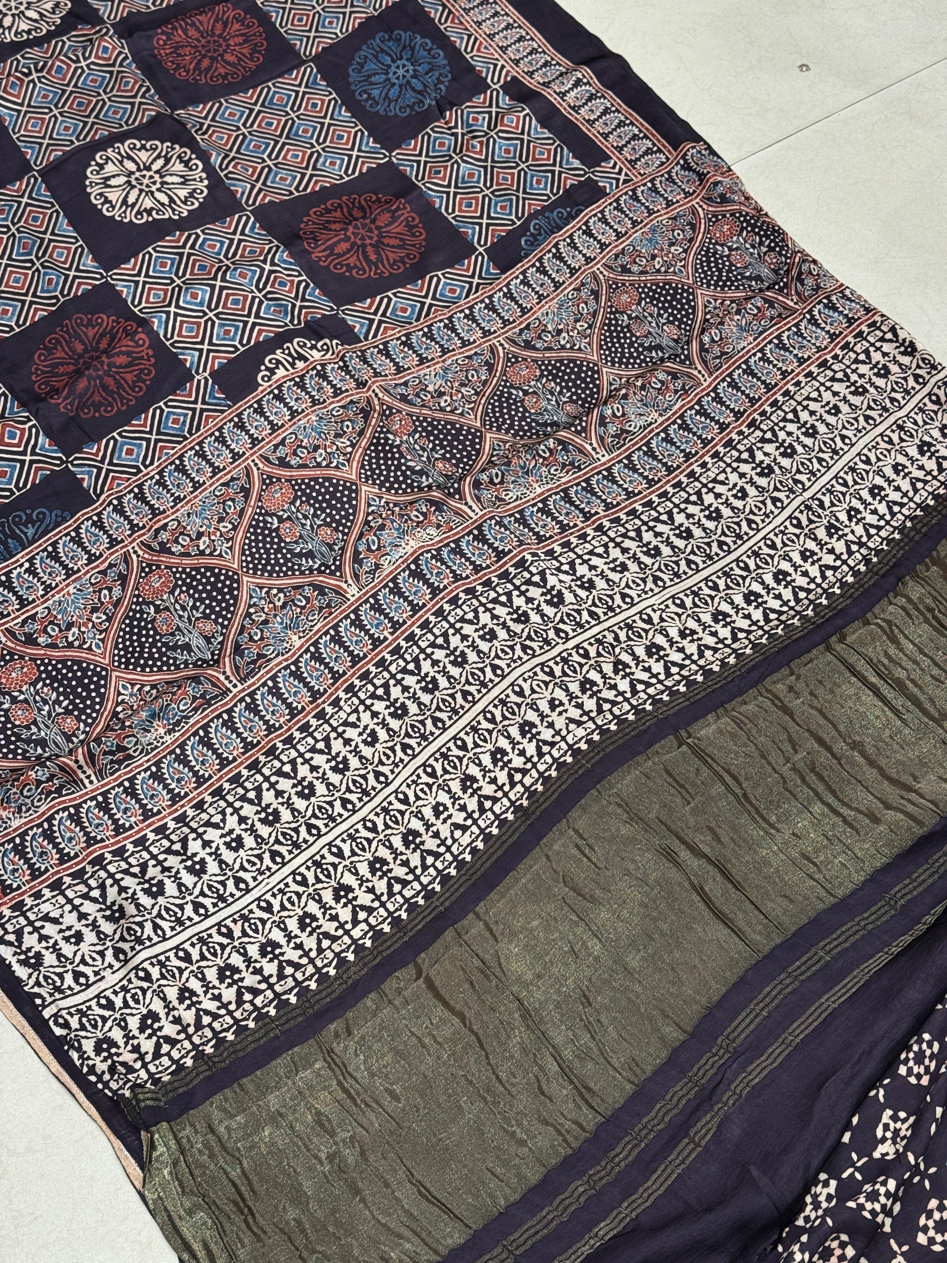 Multi Traditional Check Ajrakh Modal Gajji Silk Saree