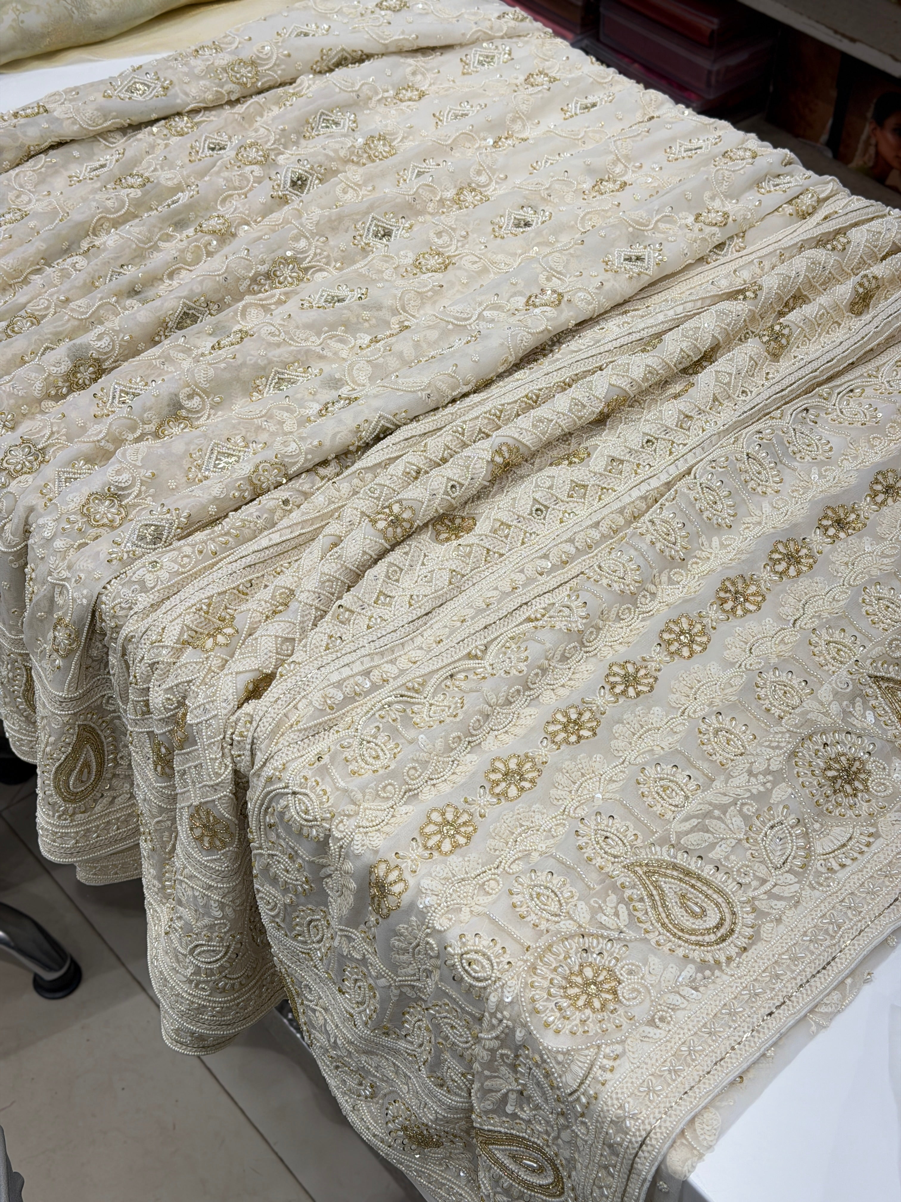 Moti White Georgette Chikankari Moti Sequin Hand Embroidery Saree