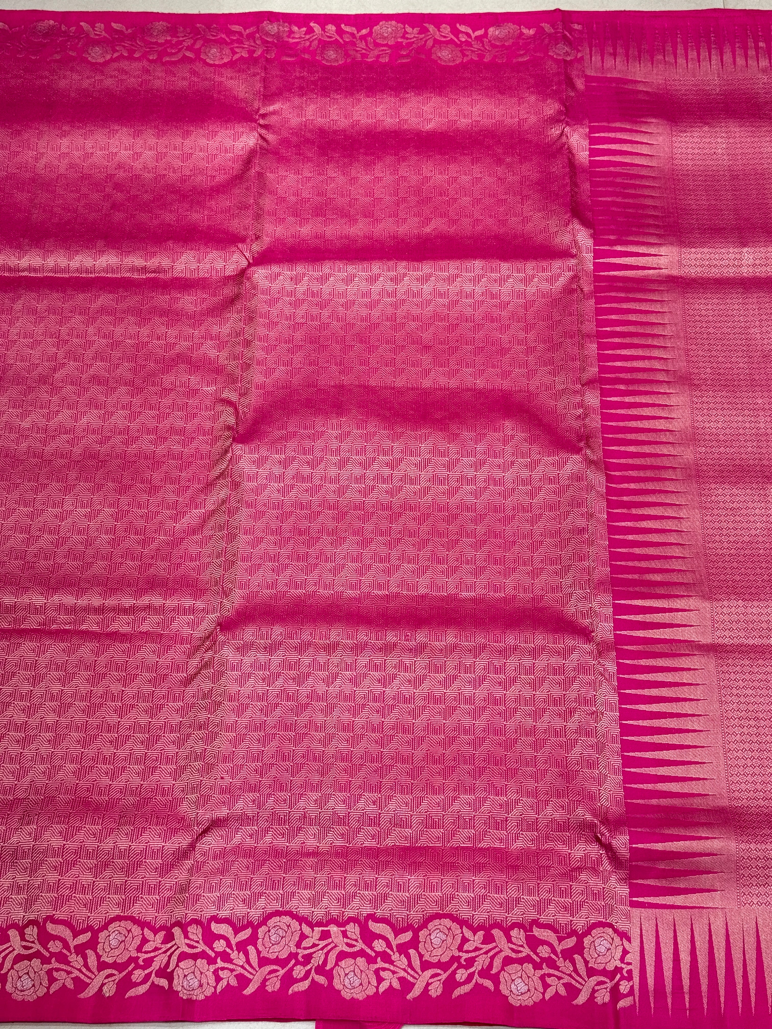 Rani Pink Rose Border Brocade Handloom Kanchipuram Pure Silk Saree