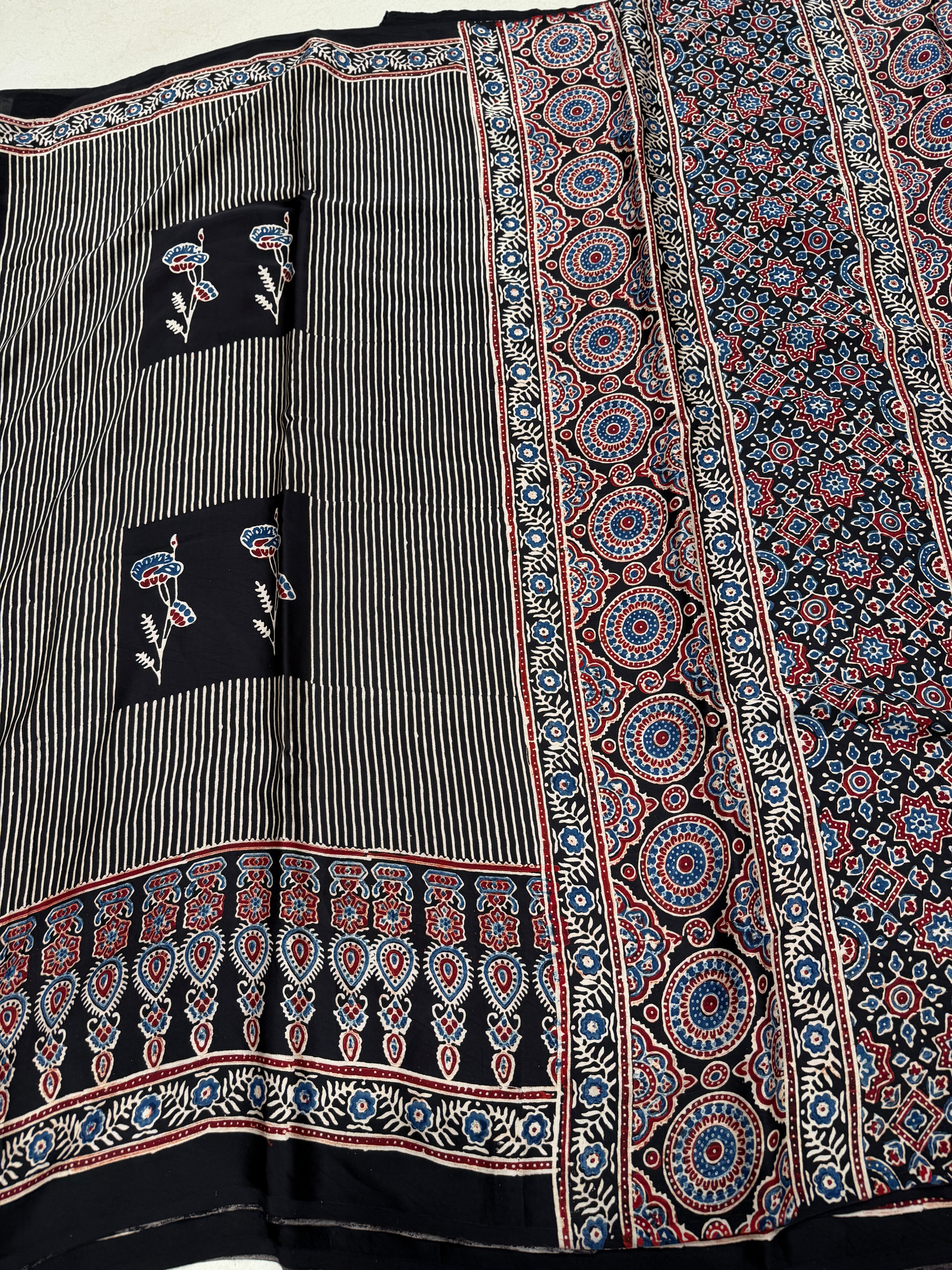 Black Contemporary Butta Ajrakh Hand Block Print Pure Gajji Silk Saree