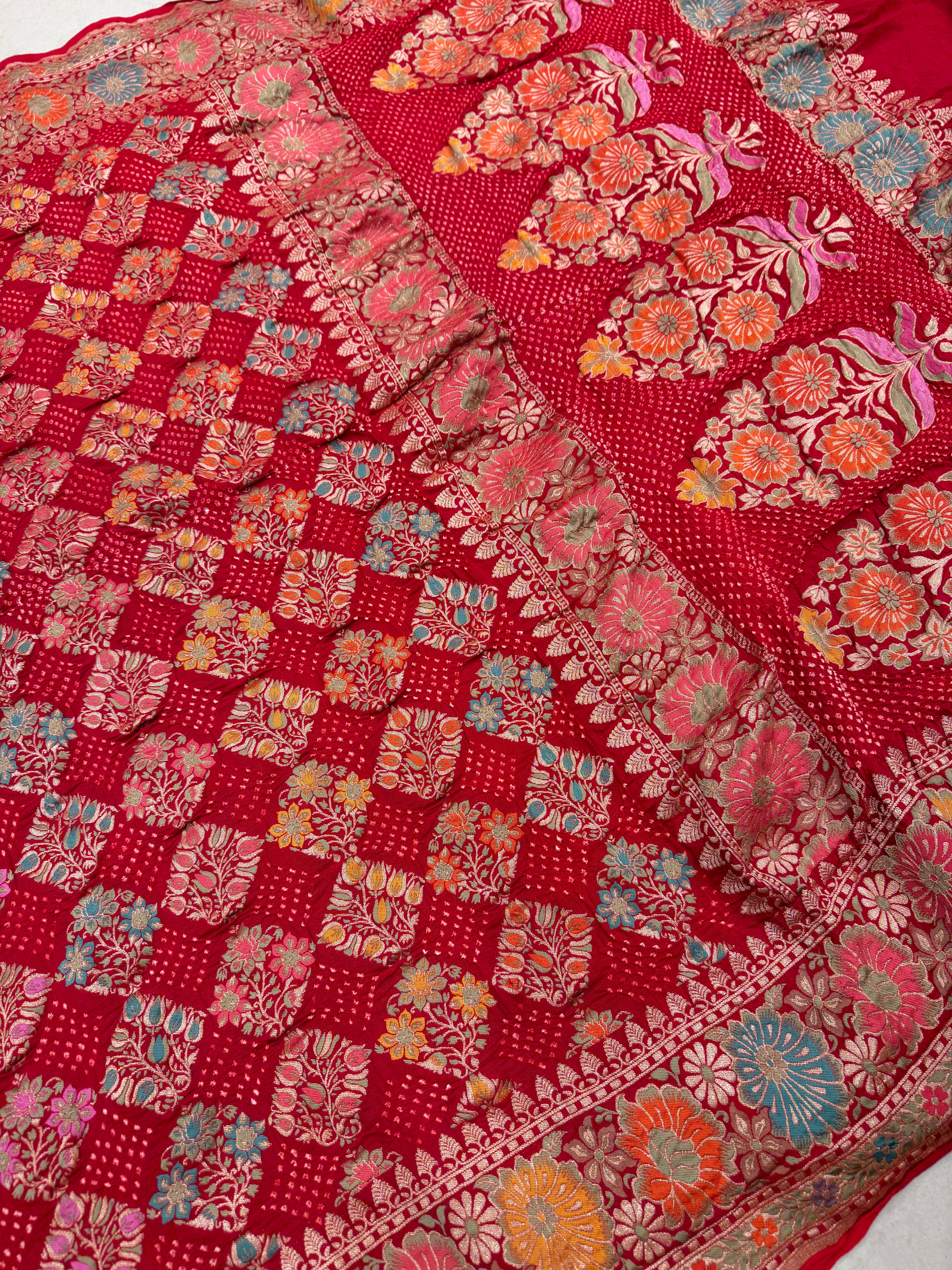 Red Meenakari Floral Butta Rai Bandhej Bandhini Saree