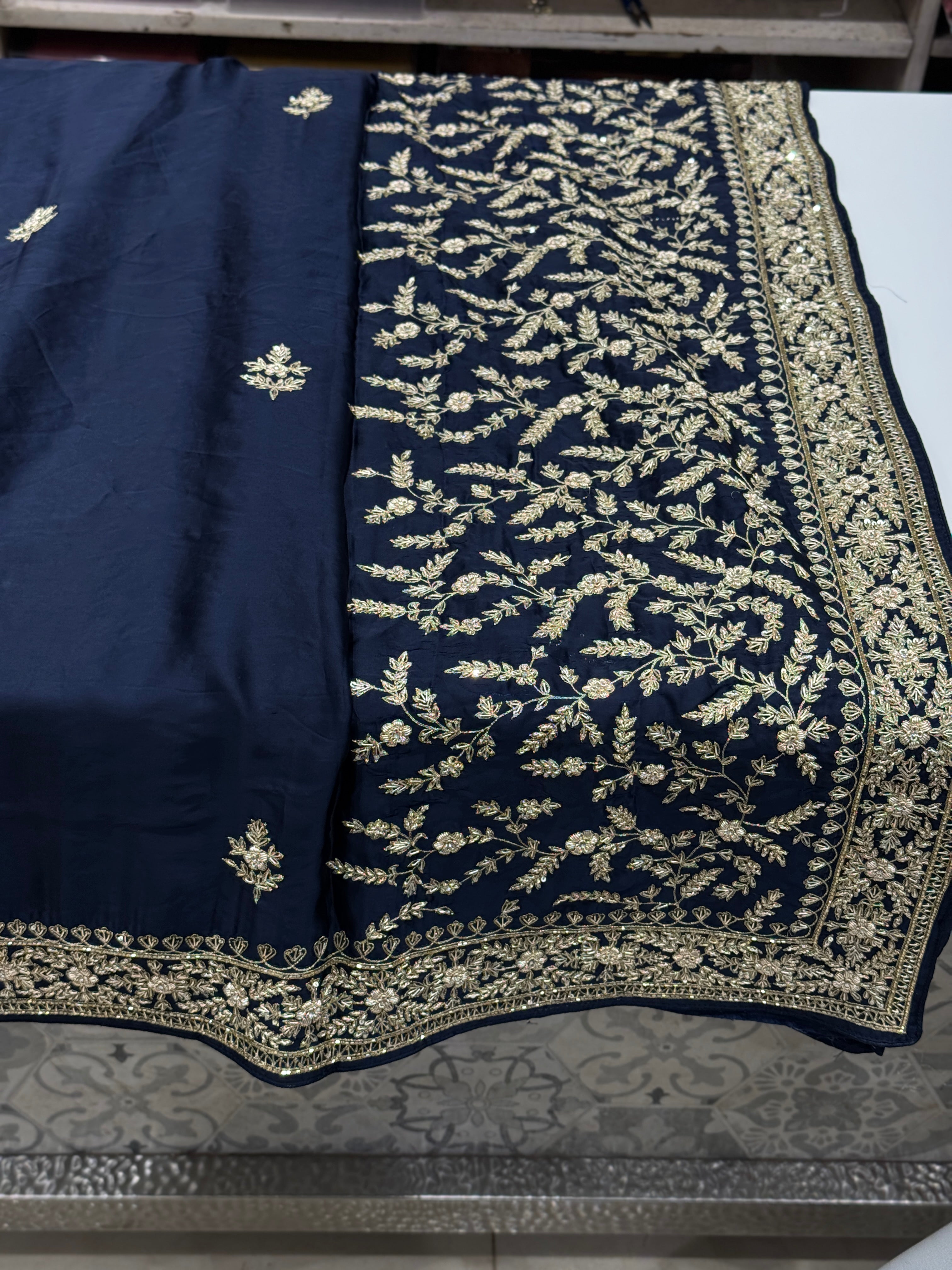 Blue Border Pan Butti Satin Hand Embroidered Zardosi Saree