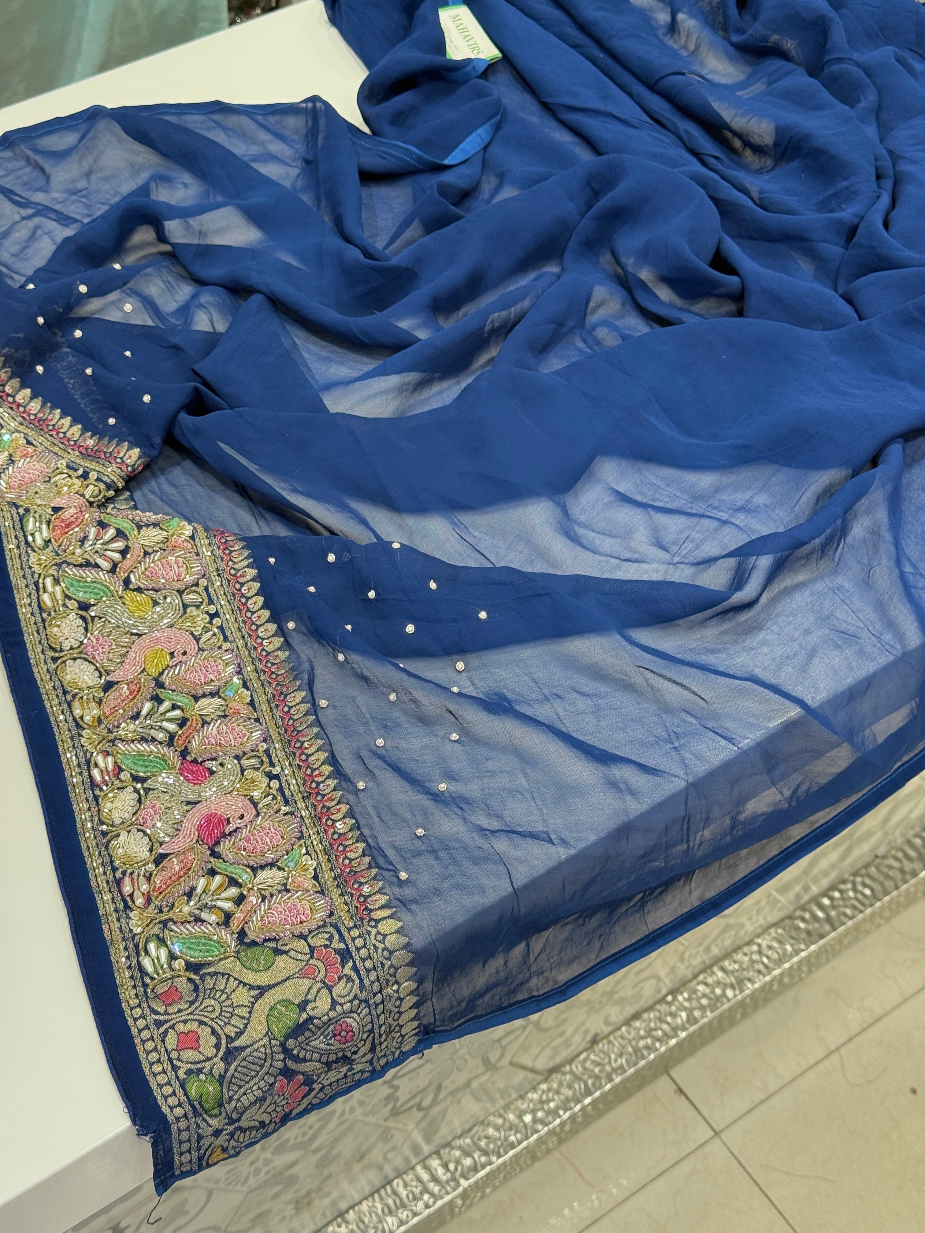 Blue Gharchola Moti Sequin Zardosi Hand Embroidery Georgette Saree