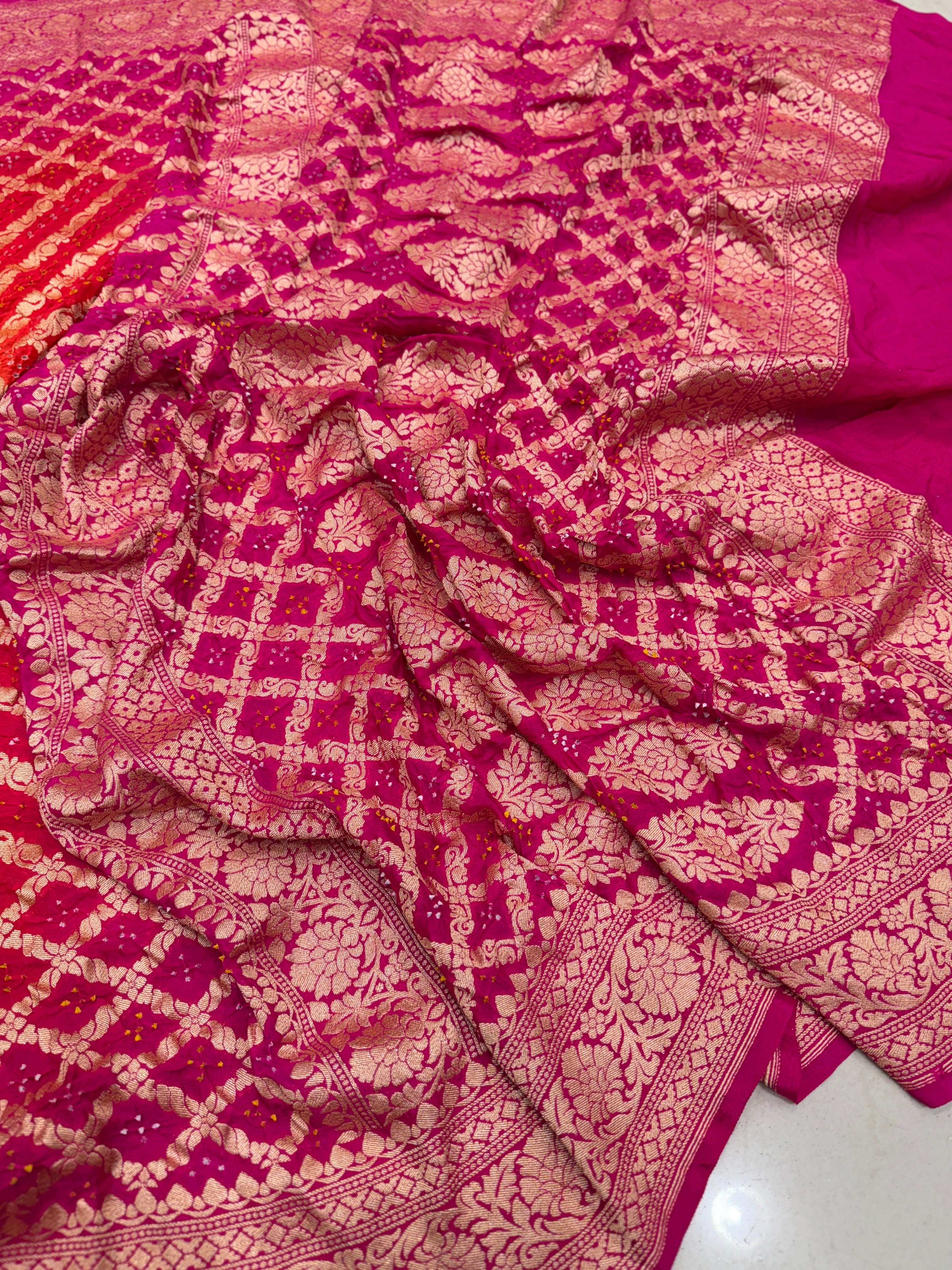 Orange Rani Shaded Bandhej Bandhini Saree