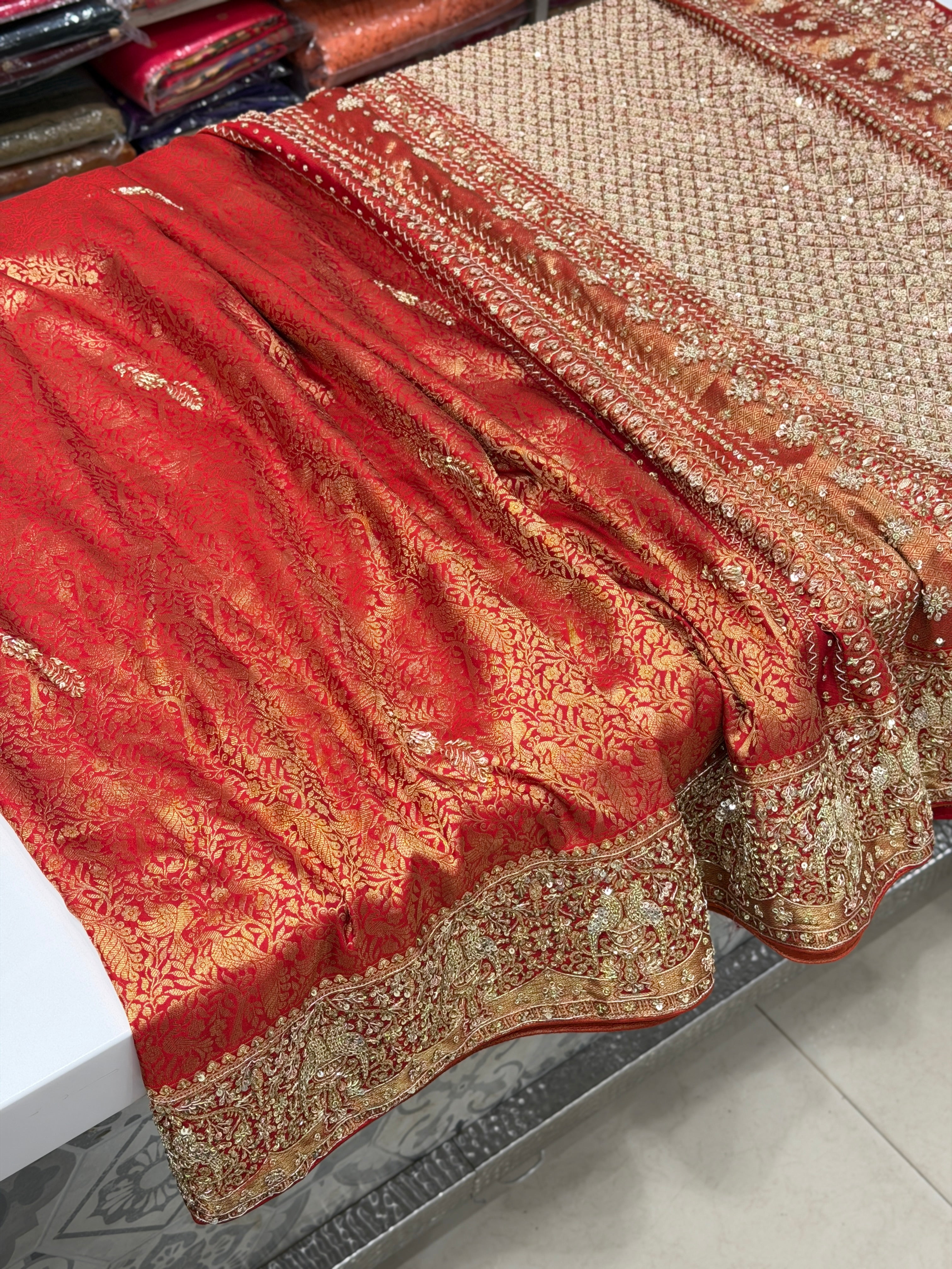 Red Kanjivaram Peacock Motif Hand Embroidery Zardosi Saree