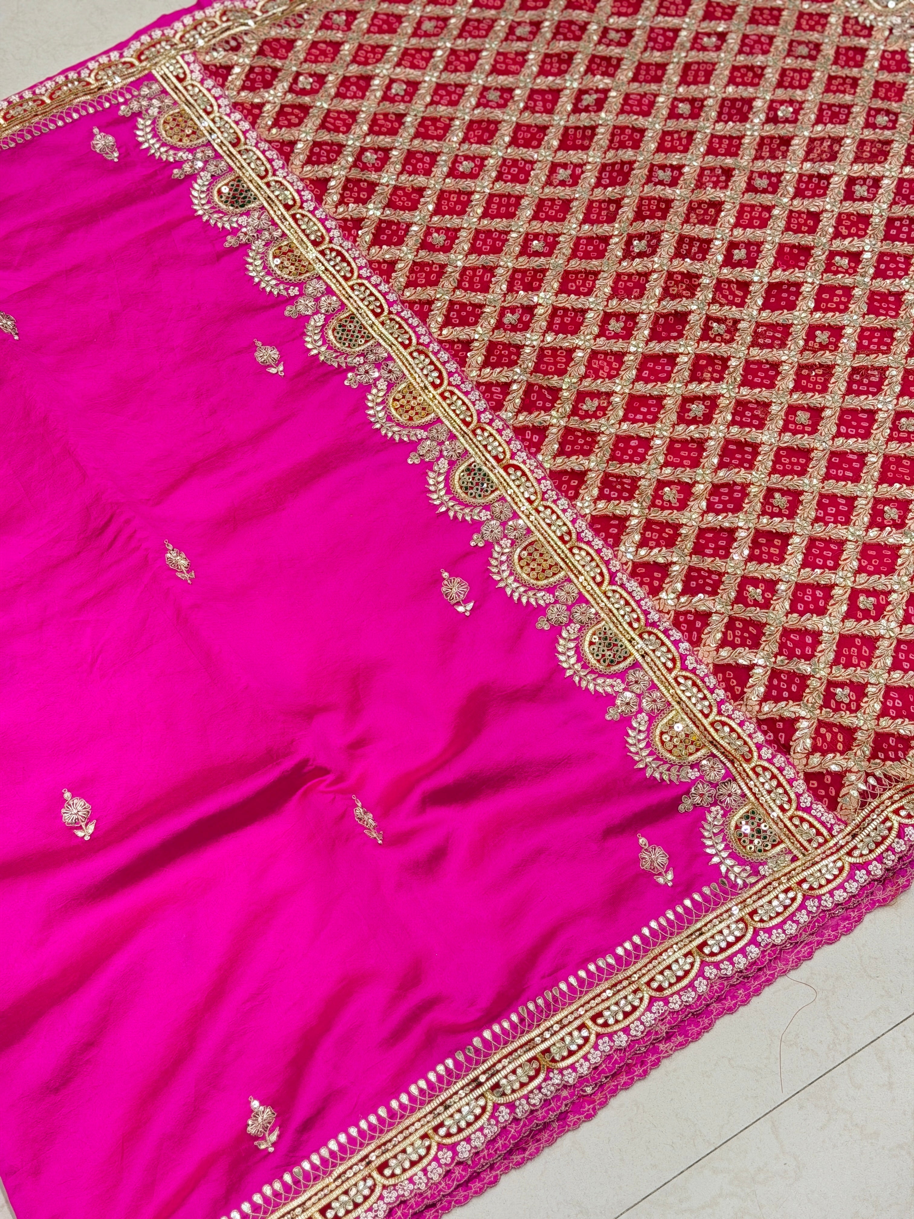 Rani Pink Pure Silk Bandhej Marodi Hand Embroidery Saree