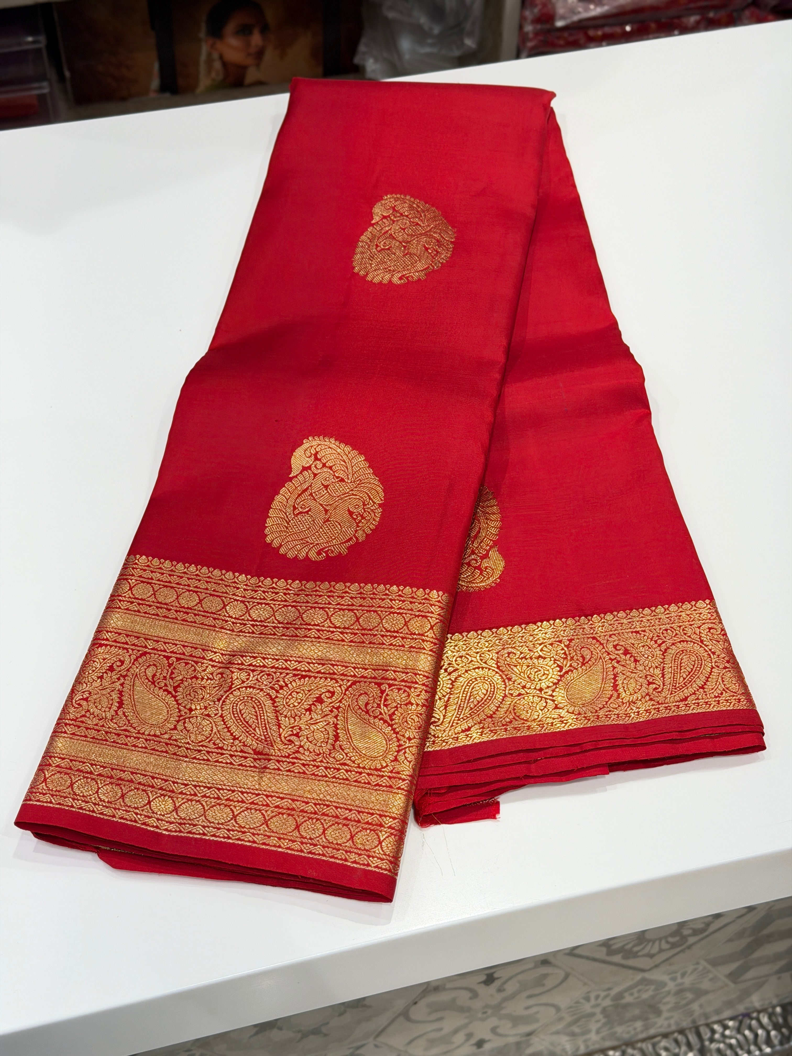 Red Peacock Motif Handloom Pure Silk Kanjivaram Saree