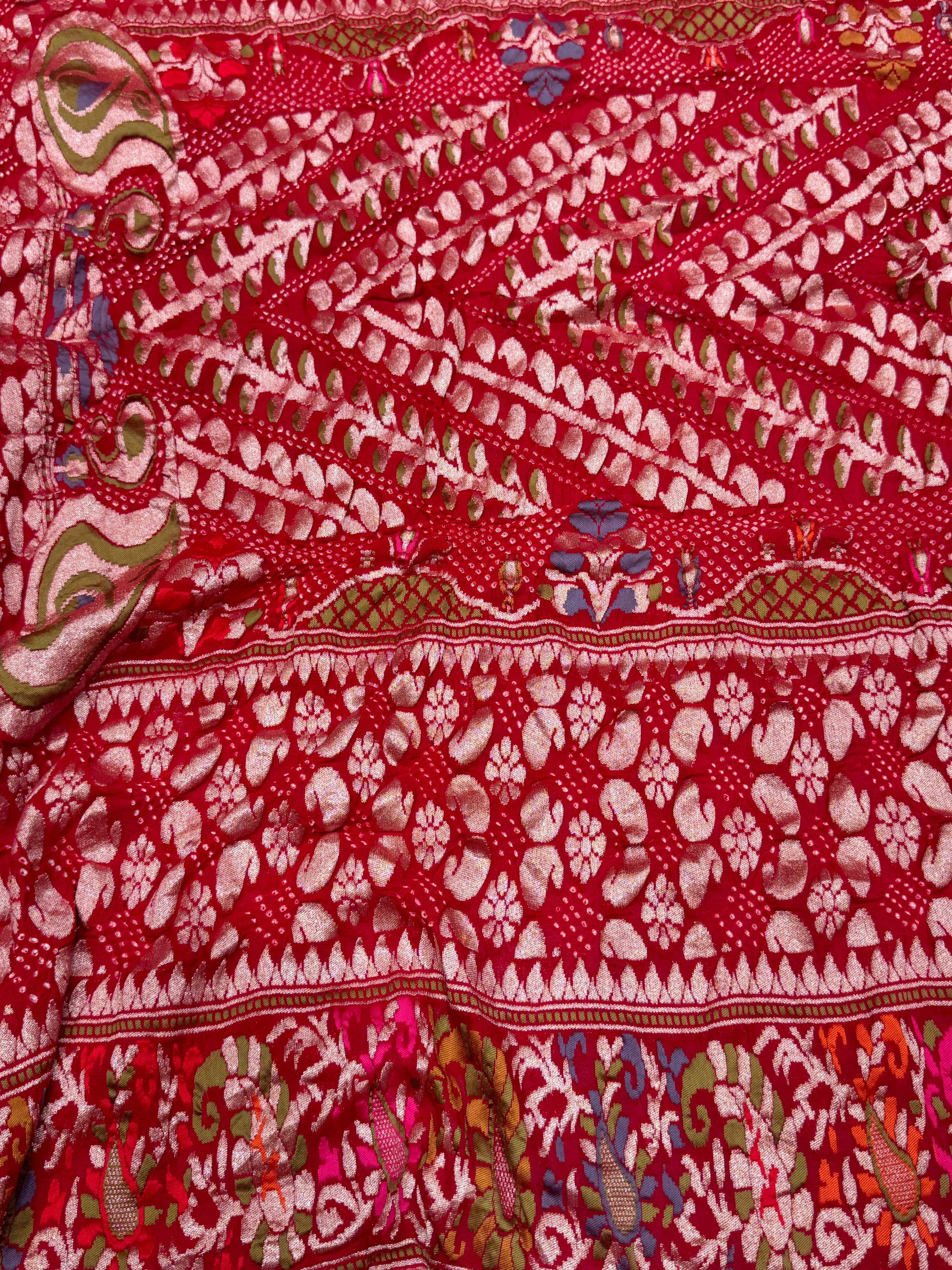 Red Pashmina Style Handloom Meenakari Rai Bandhej Pure Zari Dupatta