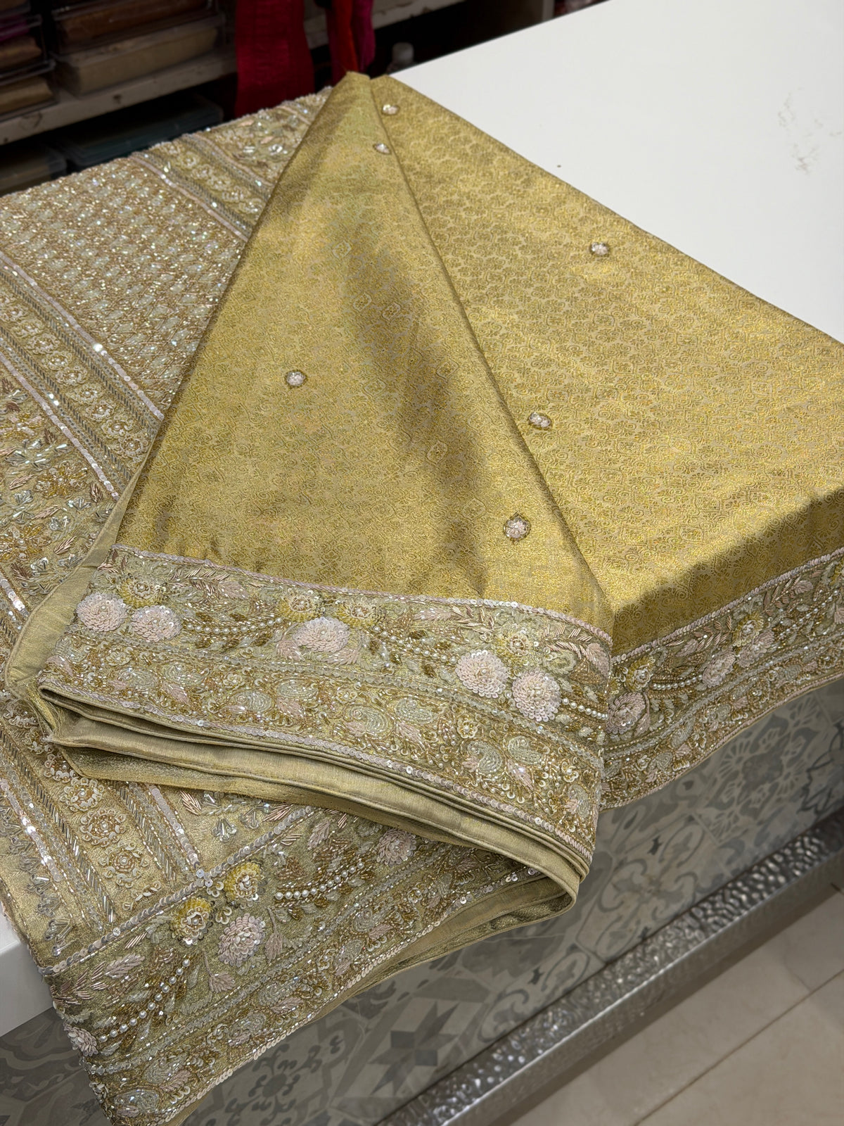 Golden Kanjivaram Moti Zardosi Hand Embroidery Saree