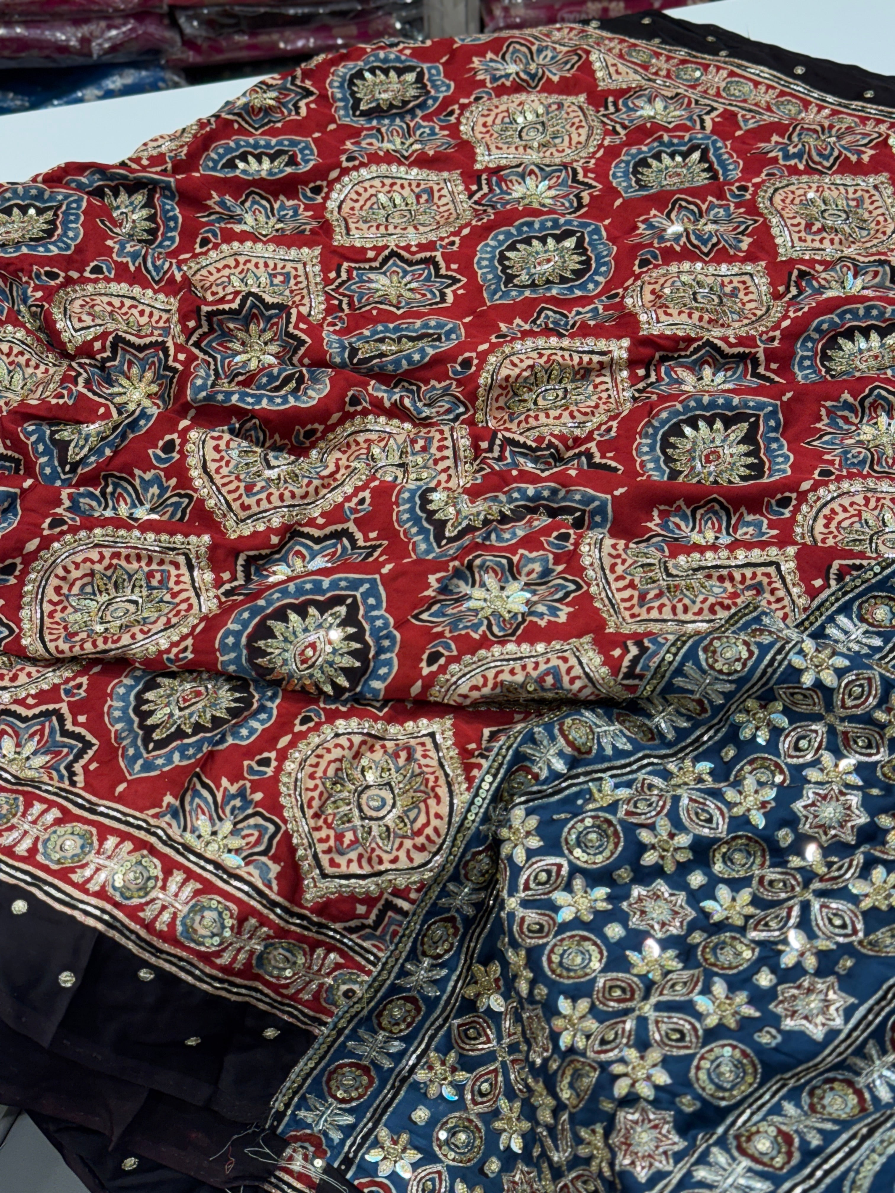 Red Blue Pallu Badam Jaal Ajrakh Hand Embroidery Saree