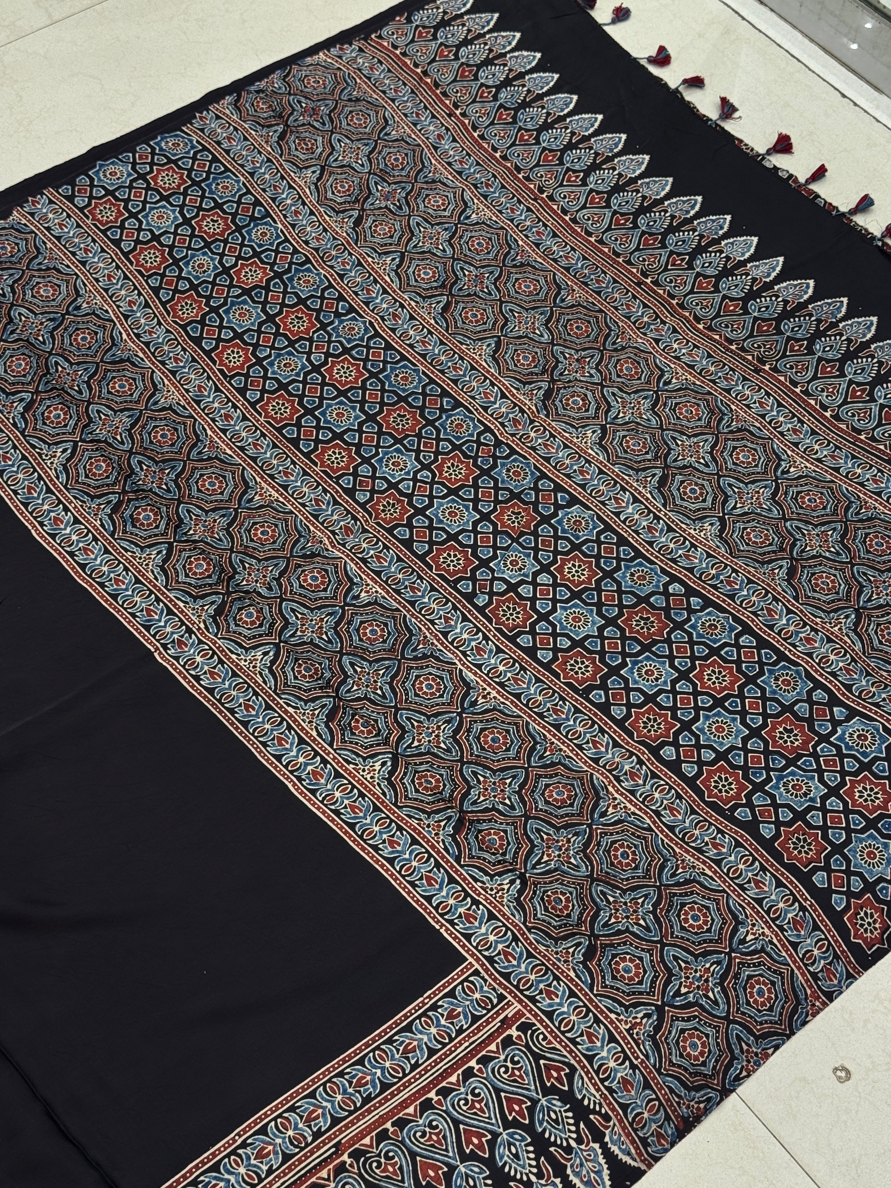 Black Plain Border Contemporary Ajrakh Hand Block Print Pure Gajji Silk Saree