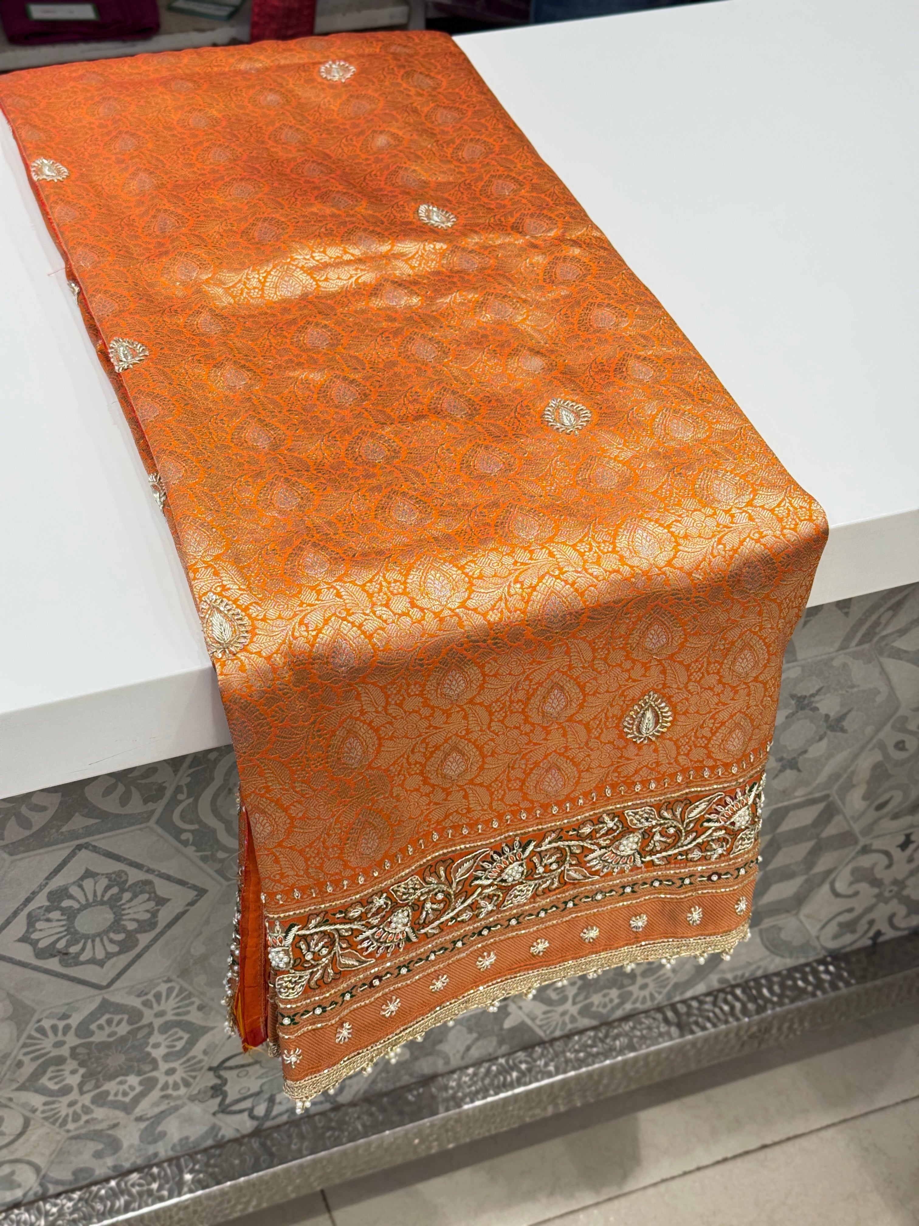 Orange Meenakari Banarasi Zardosi Hand Embroidery Saree
