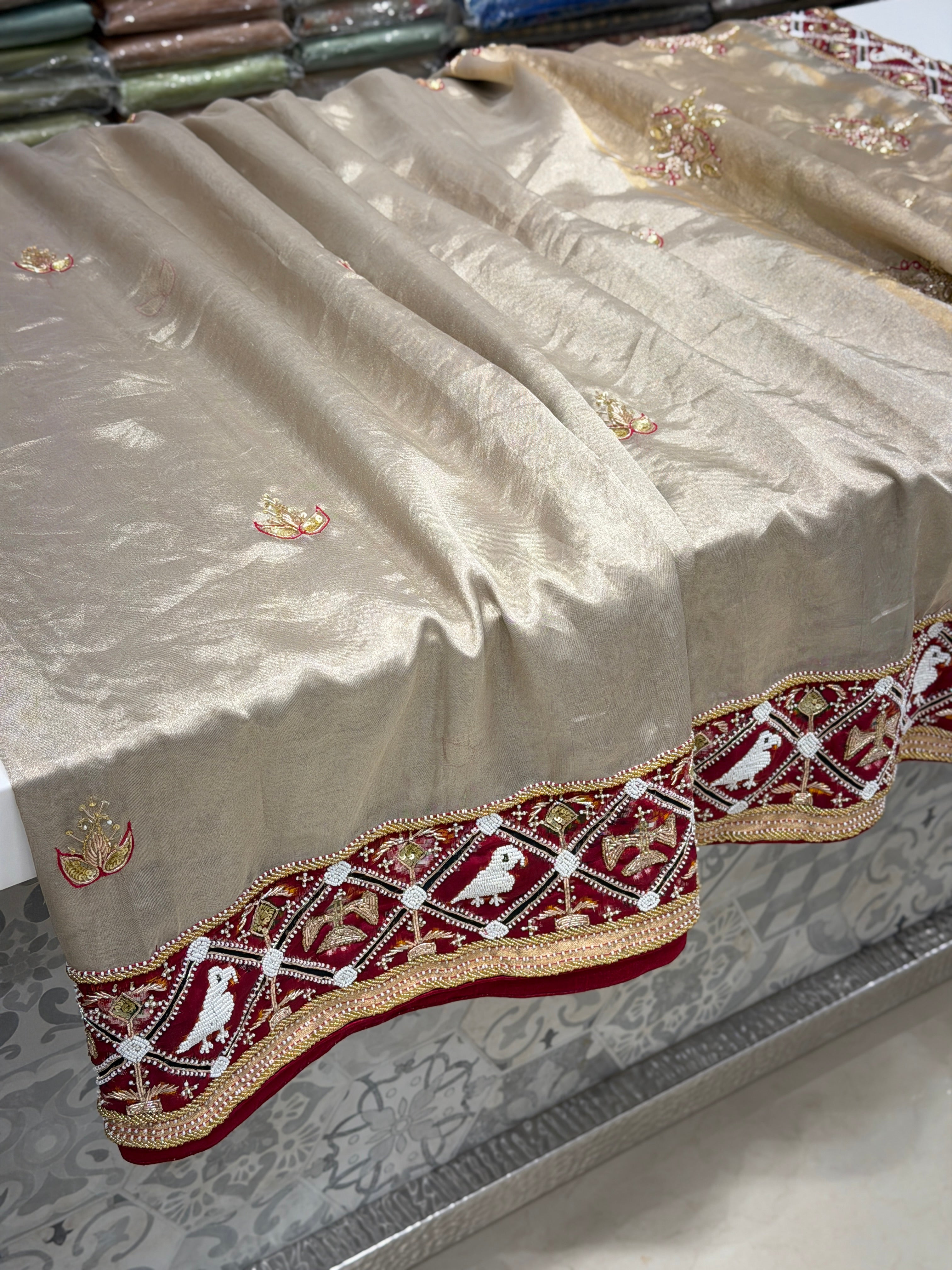 Silver Tissue Patan Patola Border Hand Embroidery Fusion Saree