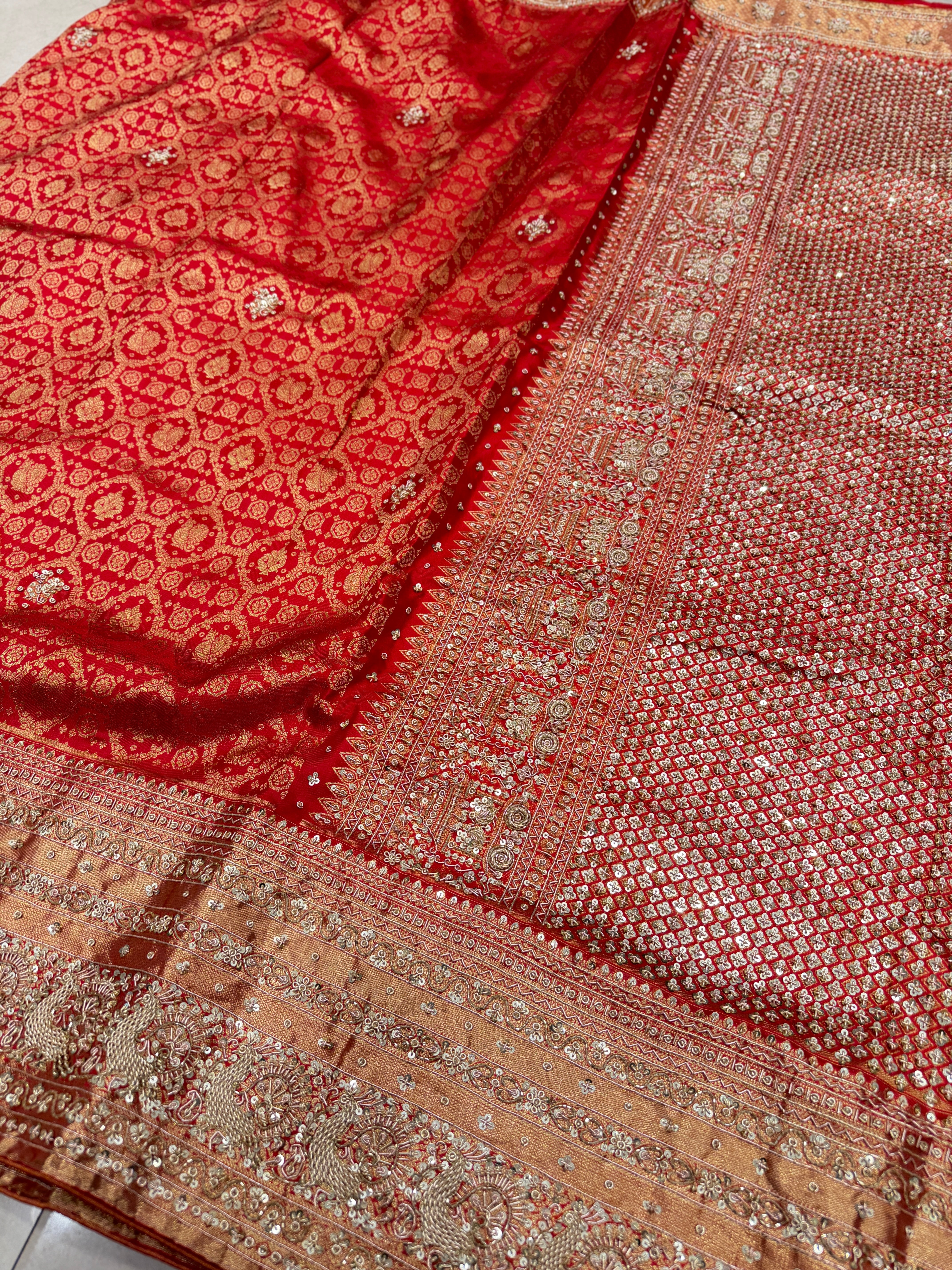 Red Kanjivaram Peacock Motif Hand Embroidery Zardosi Saree
