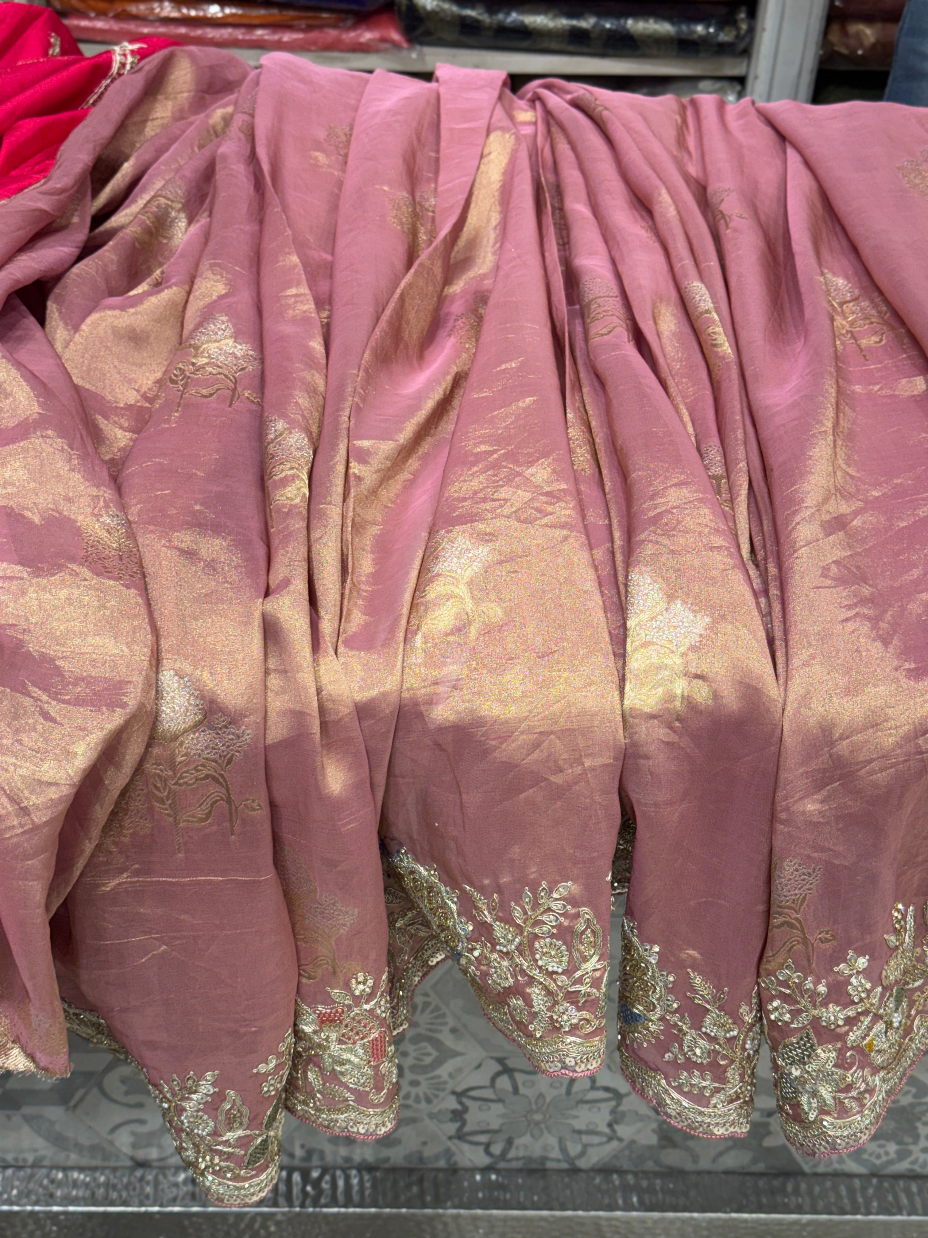 Pink Tissue Weaved Embroidery Saree