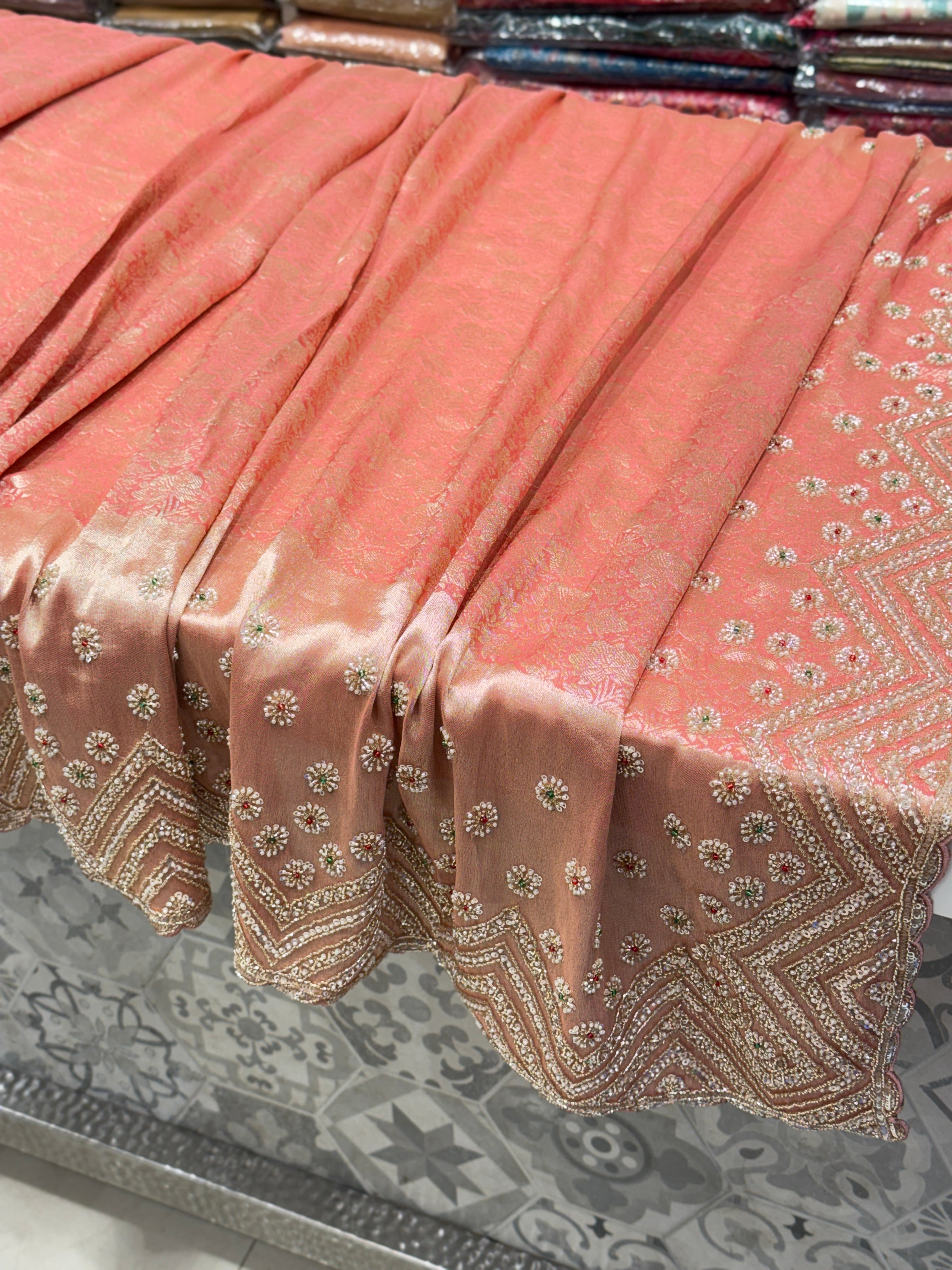 Pink Floral Weave Soft Silk Moti Crystal Embroidery Saree
