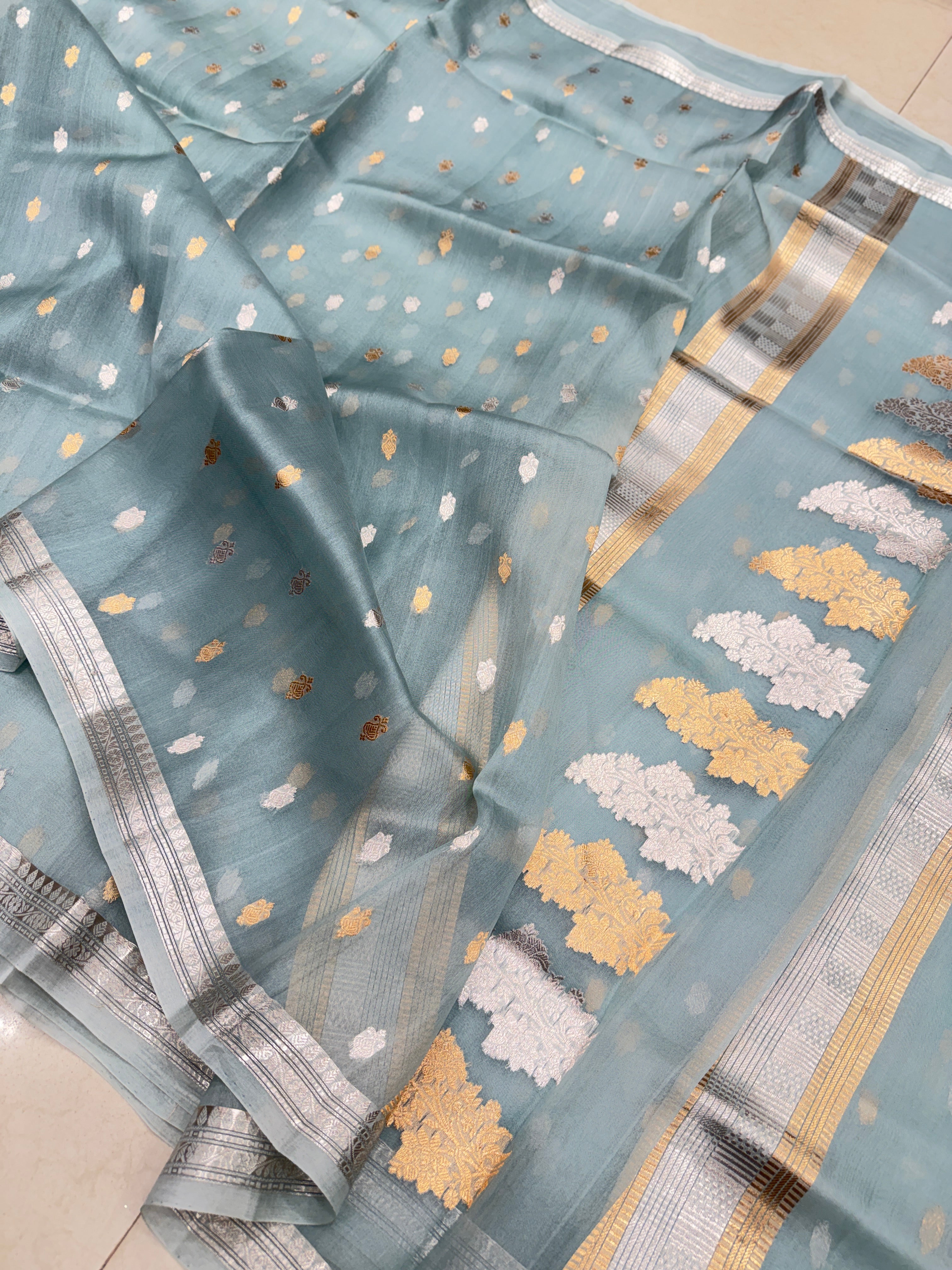 Pastel Sage Green Banarasi Sona Roopa Handloom Kora Silk Saree