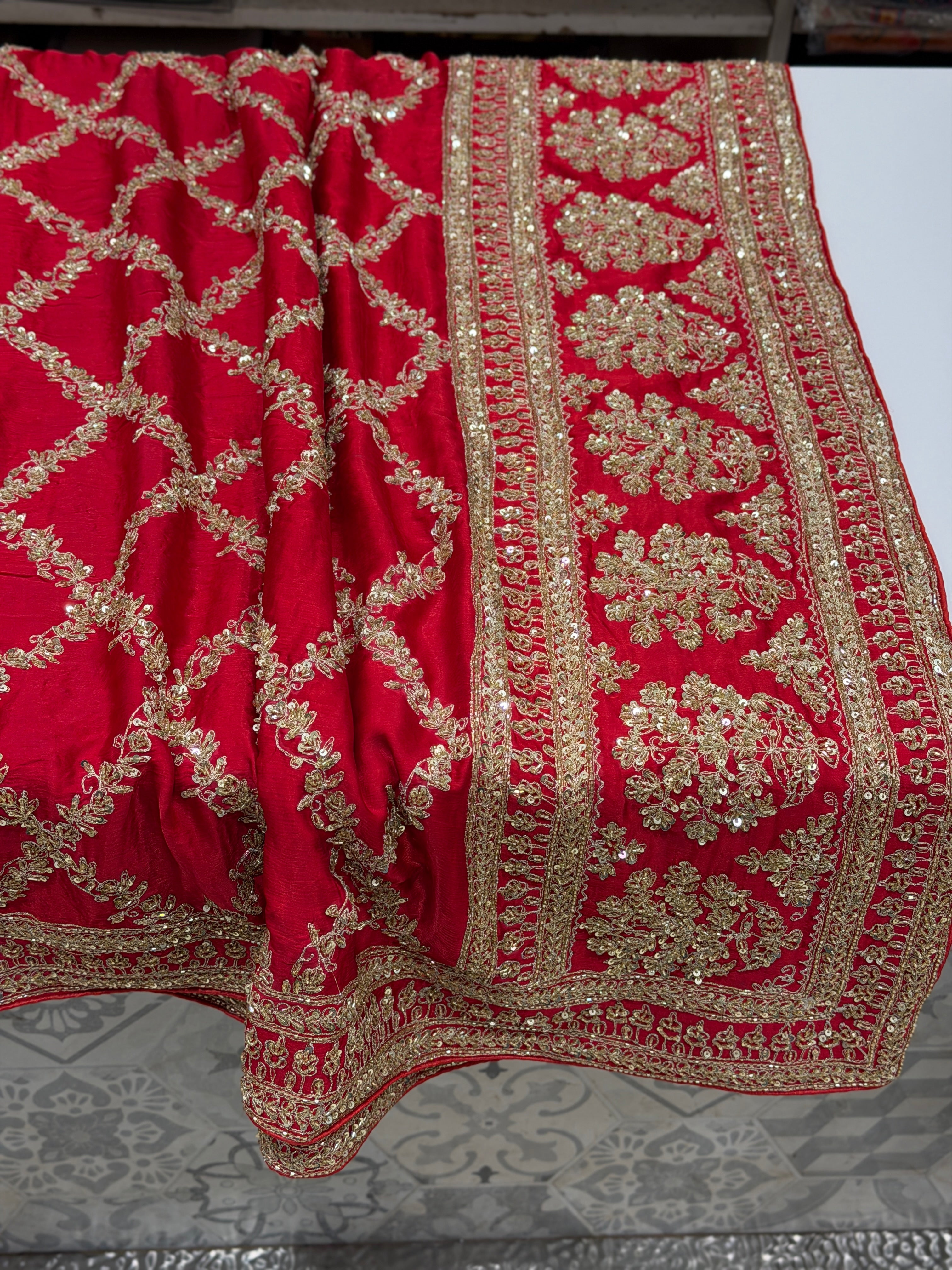 Red Crepe Satin Sabyasachi Inspired Zardosi Jaal Embroidery Saree