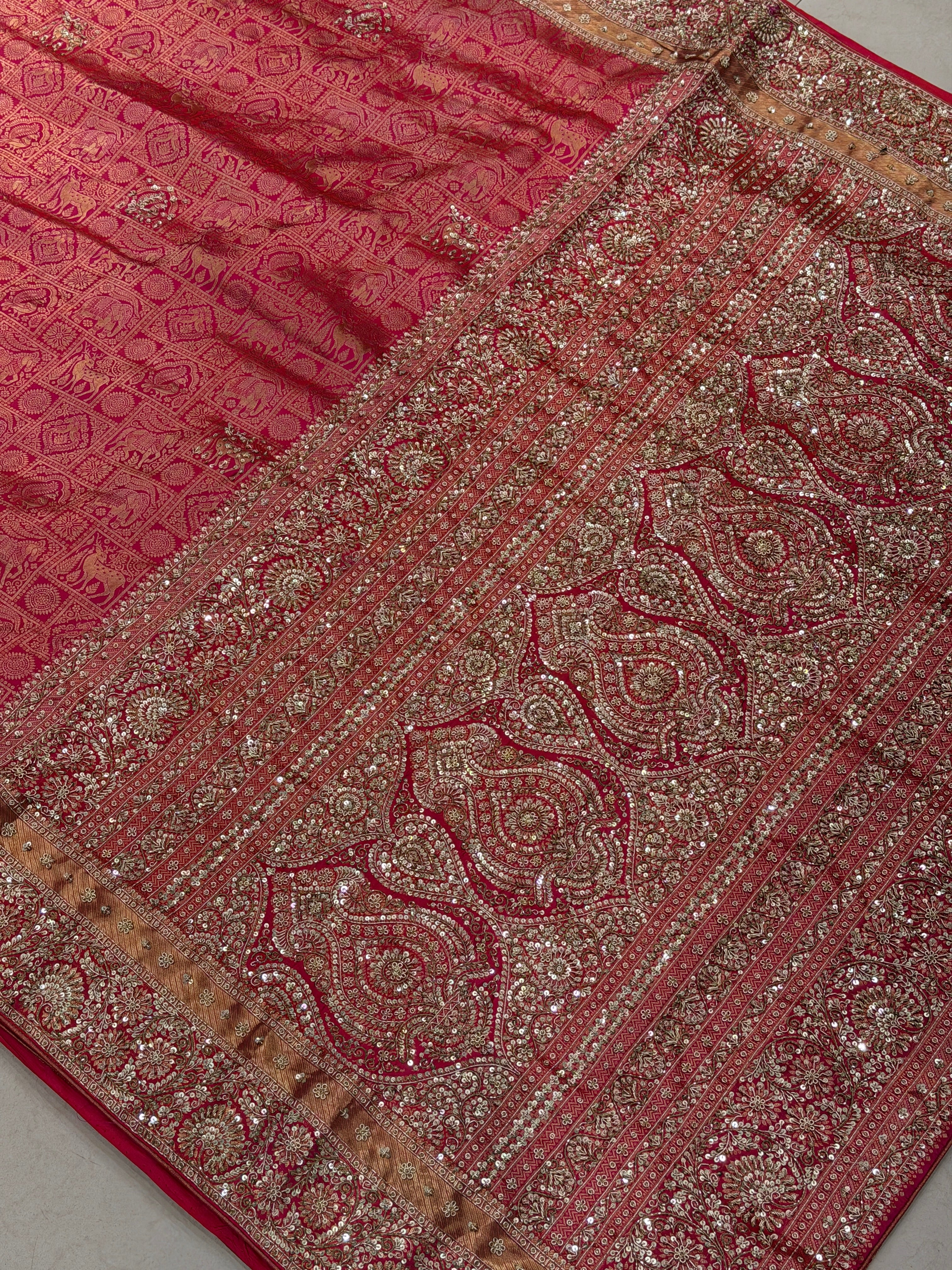 Rani Pink Shikara Kanjivaram Hand Embroidery Zardosi Saree