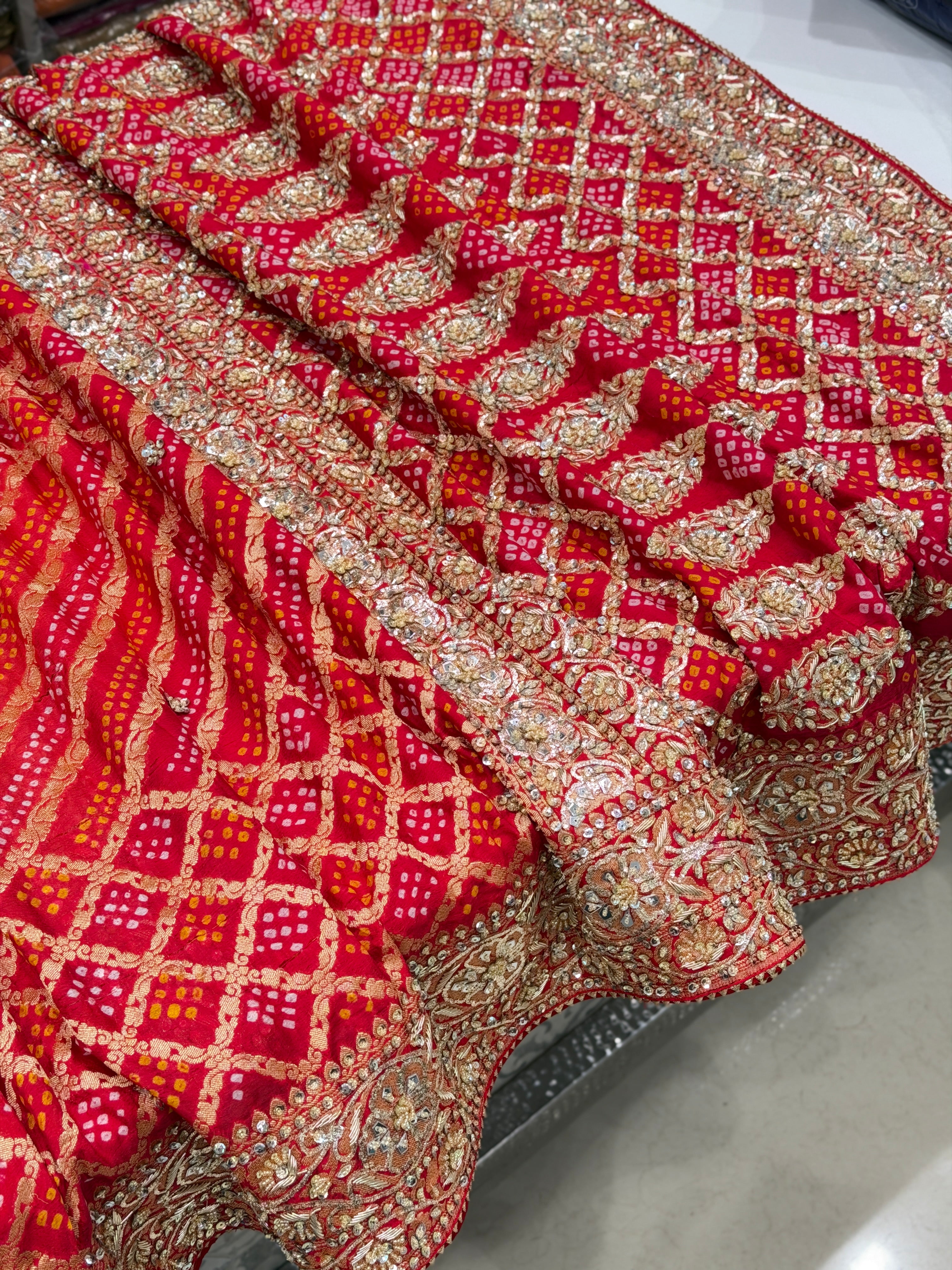 Orange Red Rai Bandhej Zardosi Pita Hand Embroidery Saree