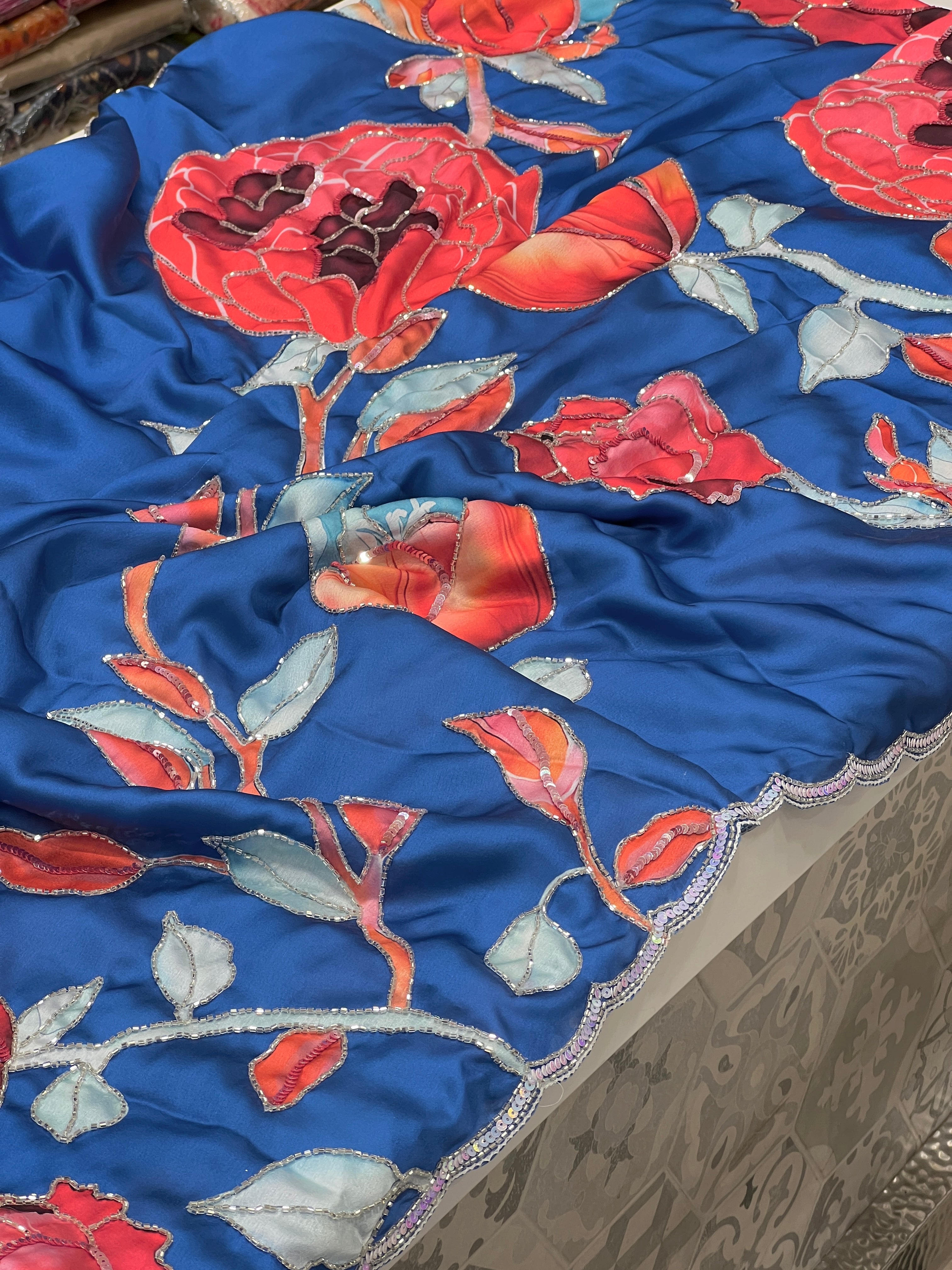 Blue Satin Red Flower Hand Embroidery Saree