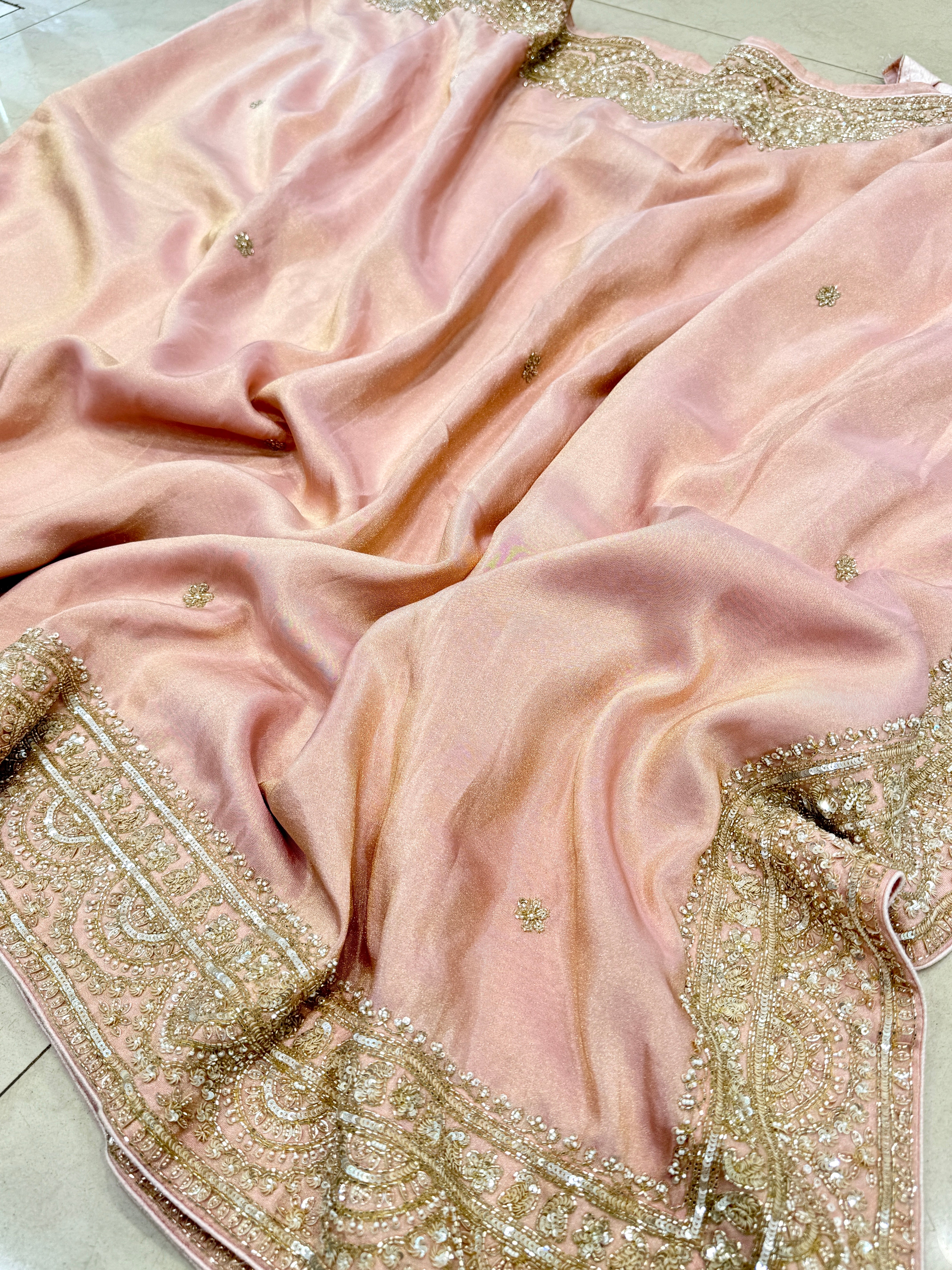 Pink Kareena Kapoor Inspired Crepe Tissue Embroidery Saree