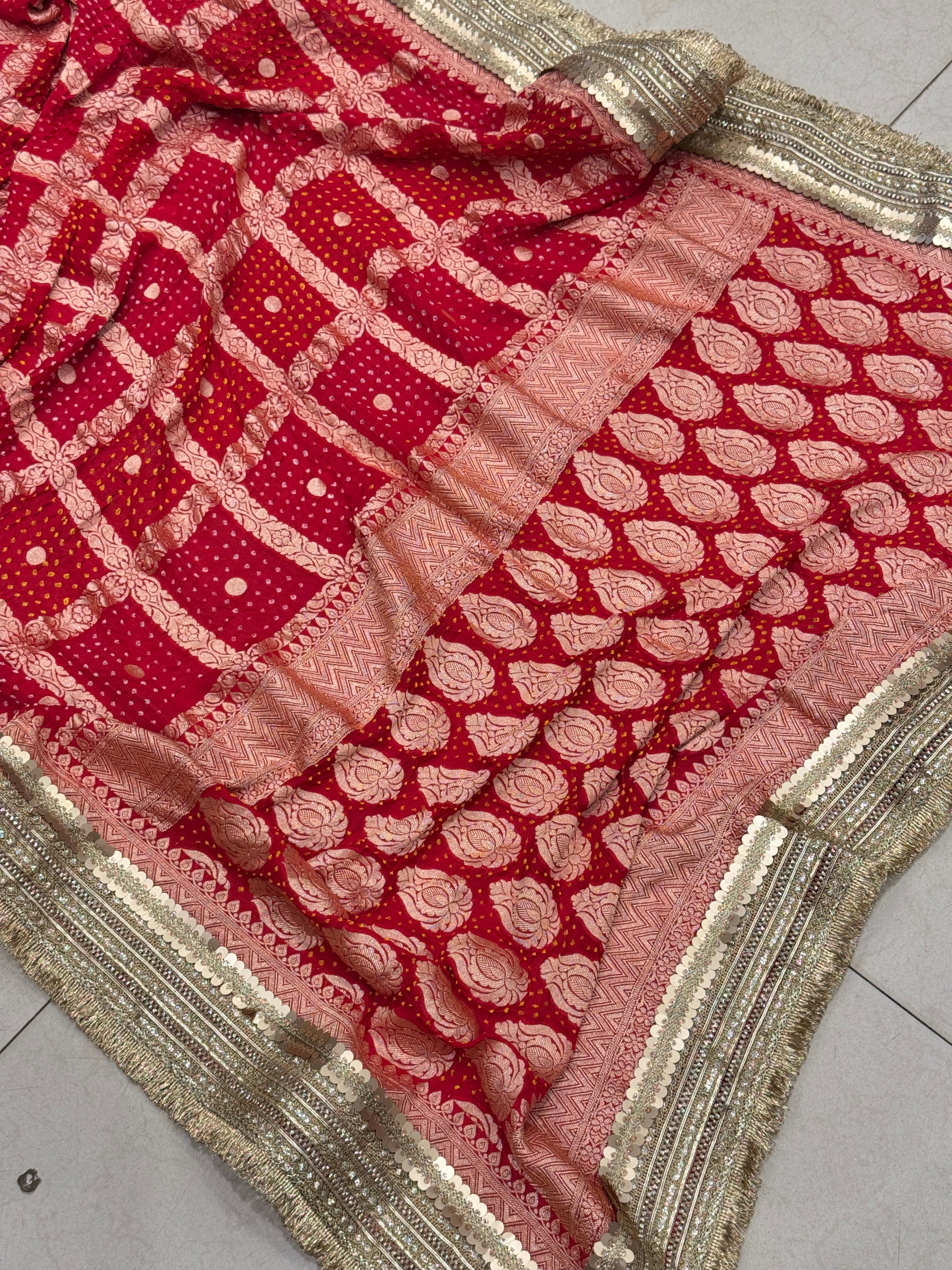 Red Bandhej Maharani Style Saree