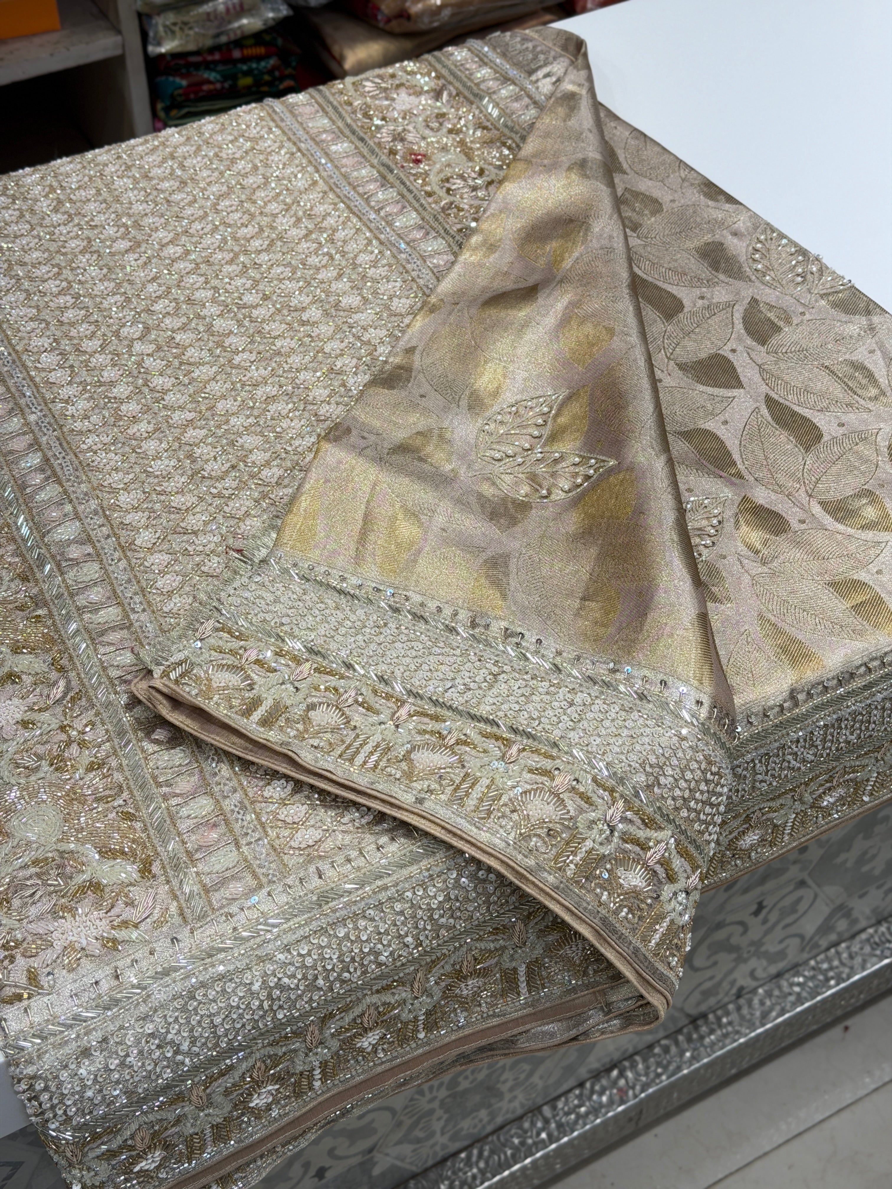 Nude Pink Silver Kanjivaram Three Zari Hand Embroidery Zardosi Moti Sequin Saree