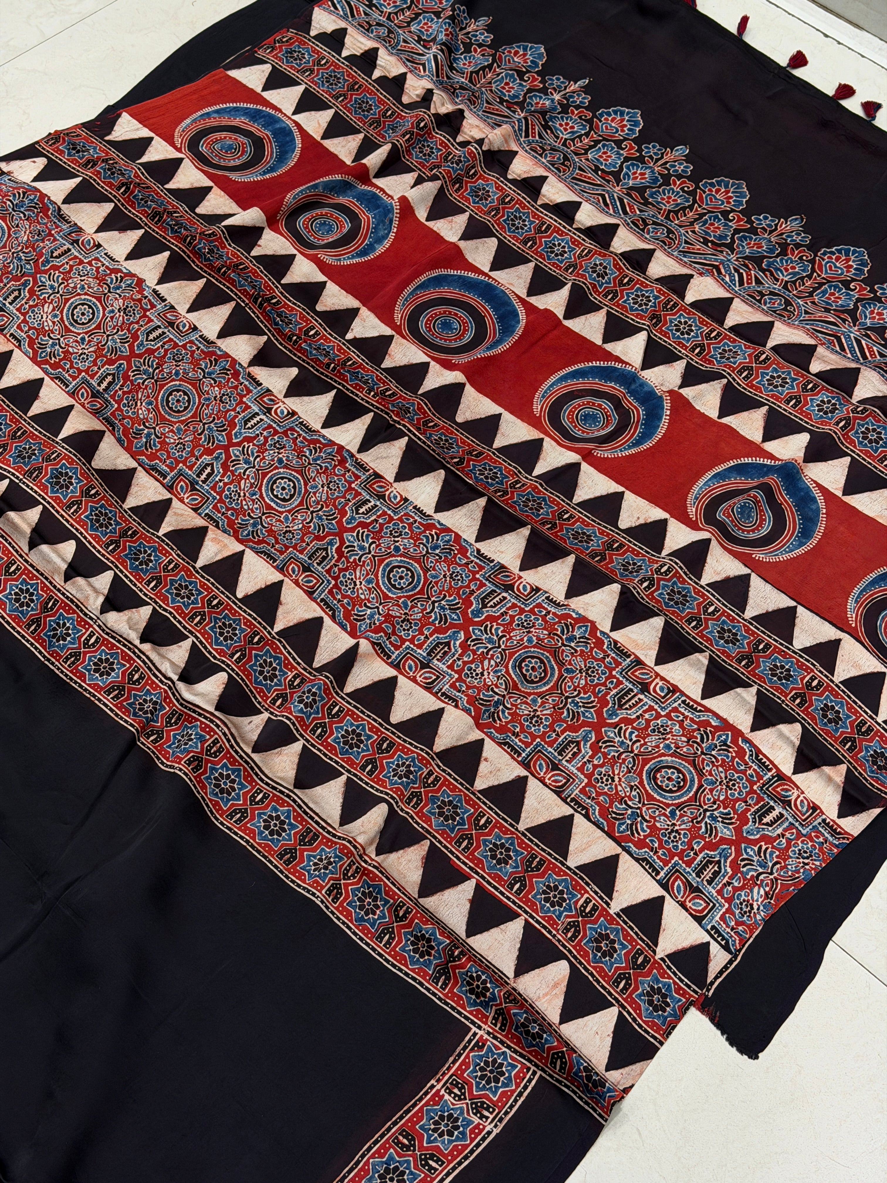 Black Plain Red Blue Pallu Ajrakh Hand Block Print Pure Modal Silk Saree