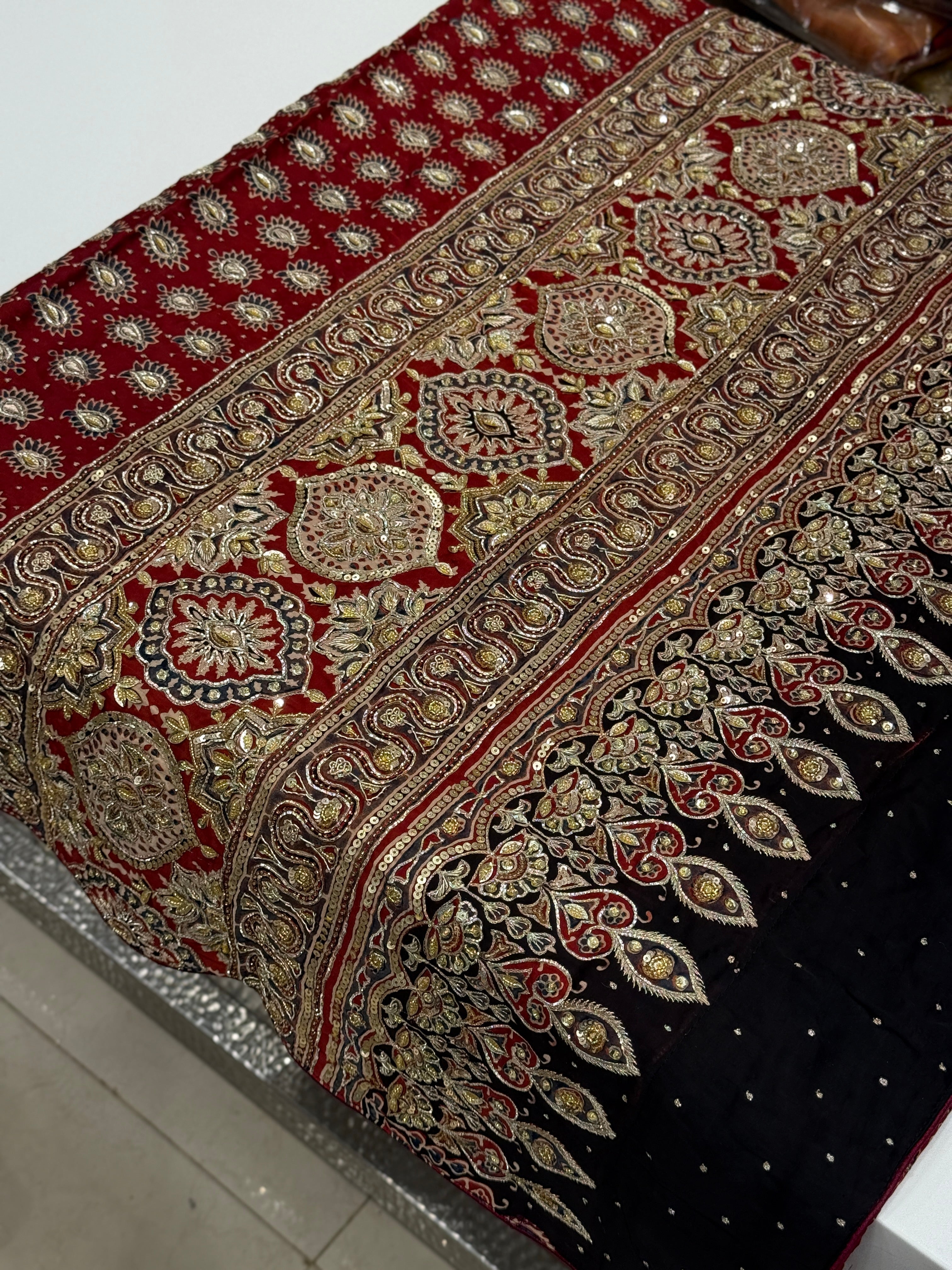 Red Buttis Pita Zardosi Sequin Ajrakh Hand Embroidery Saree