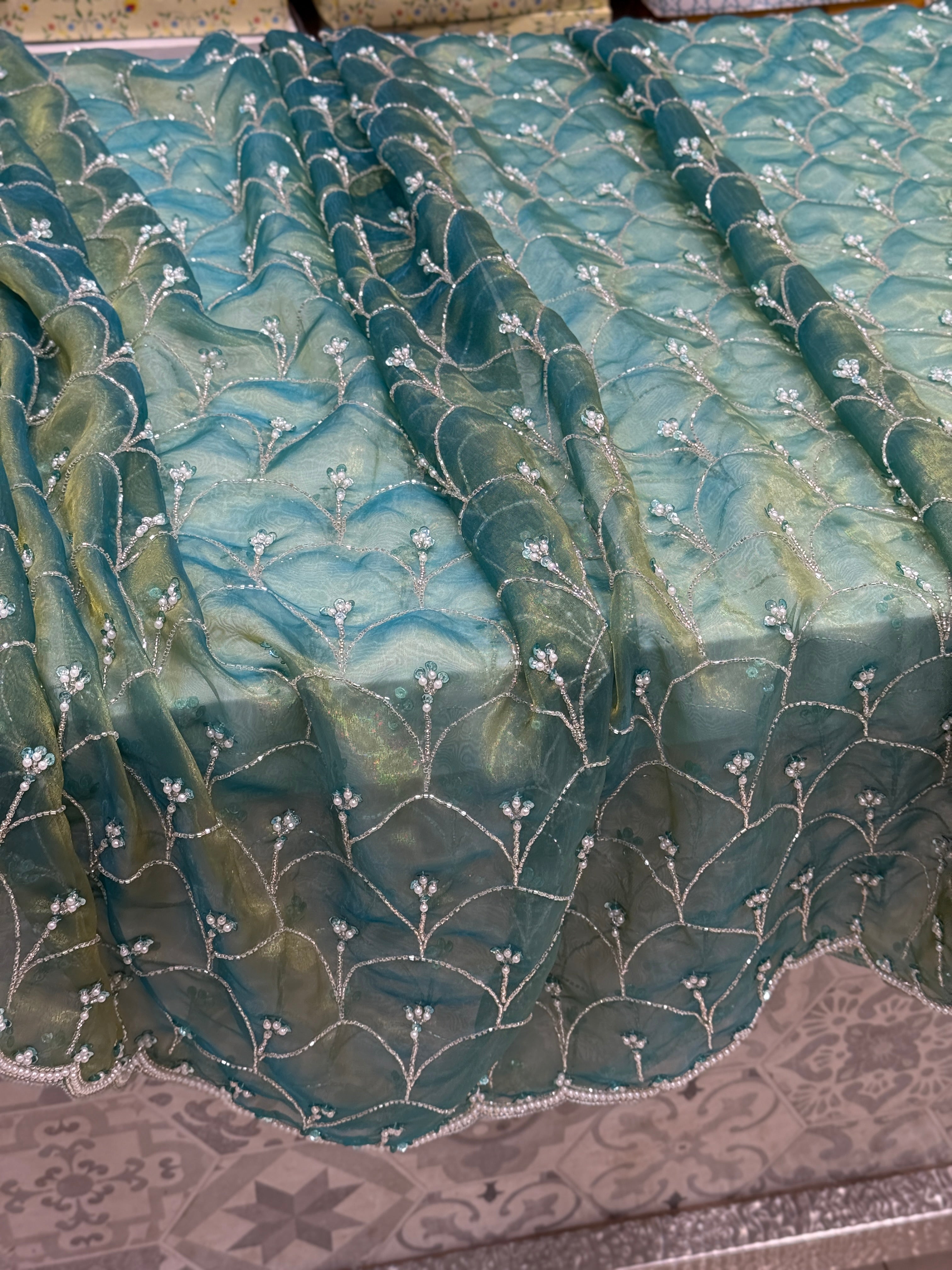 Green Glass Tissue Organza Hand Embroidery Saree