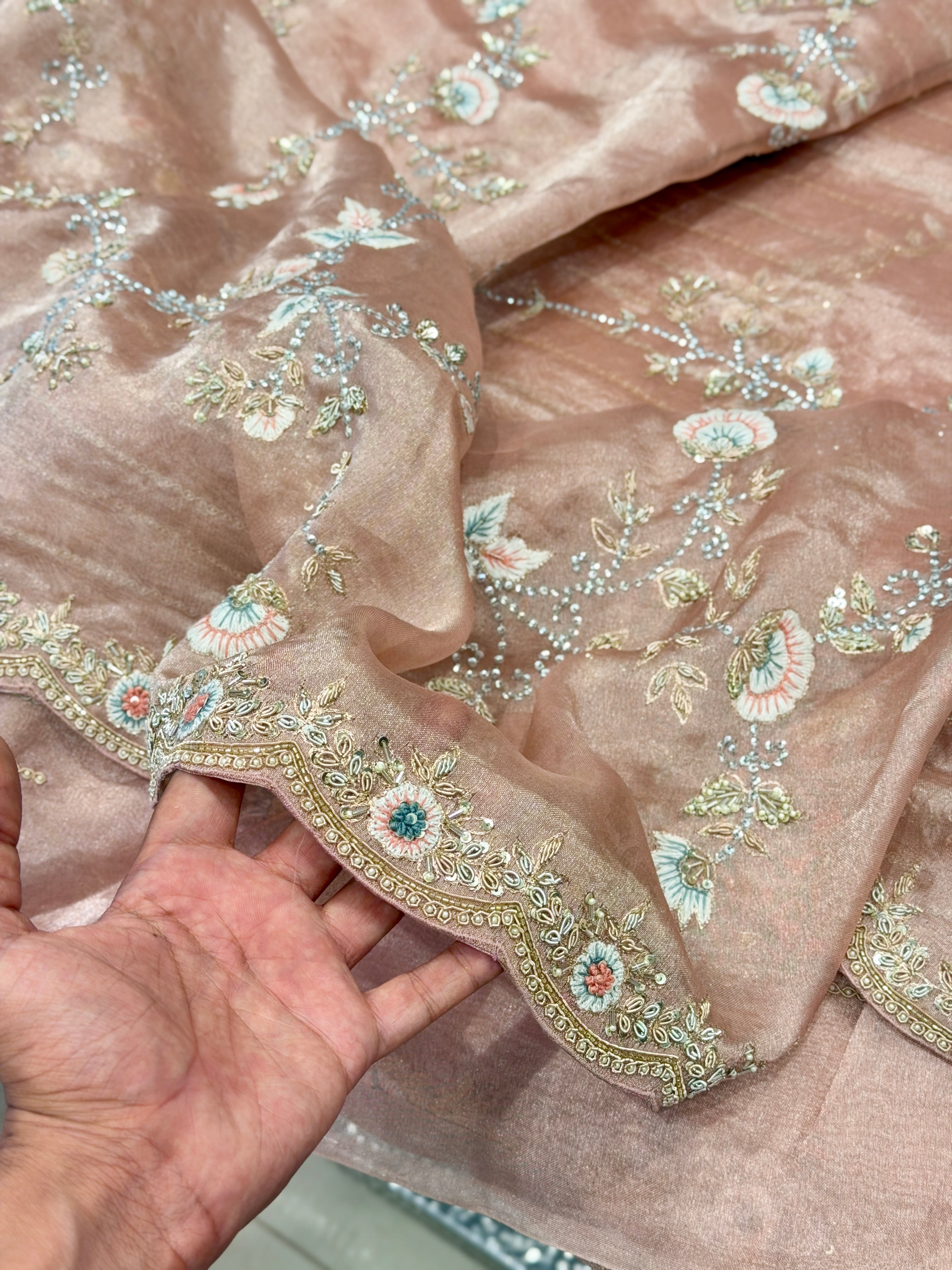 Pink Tissue Zardosi Resham Knot Hand Embroidery Saree