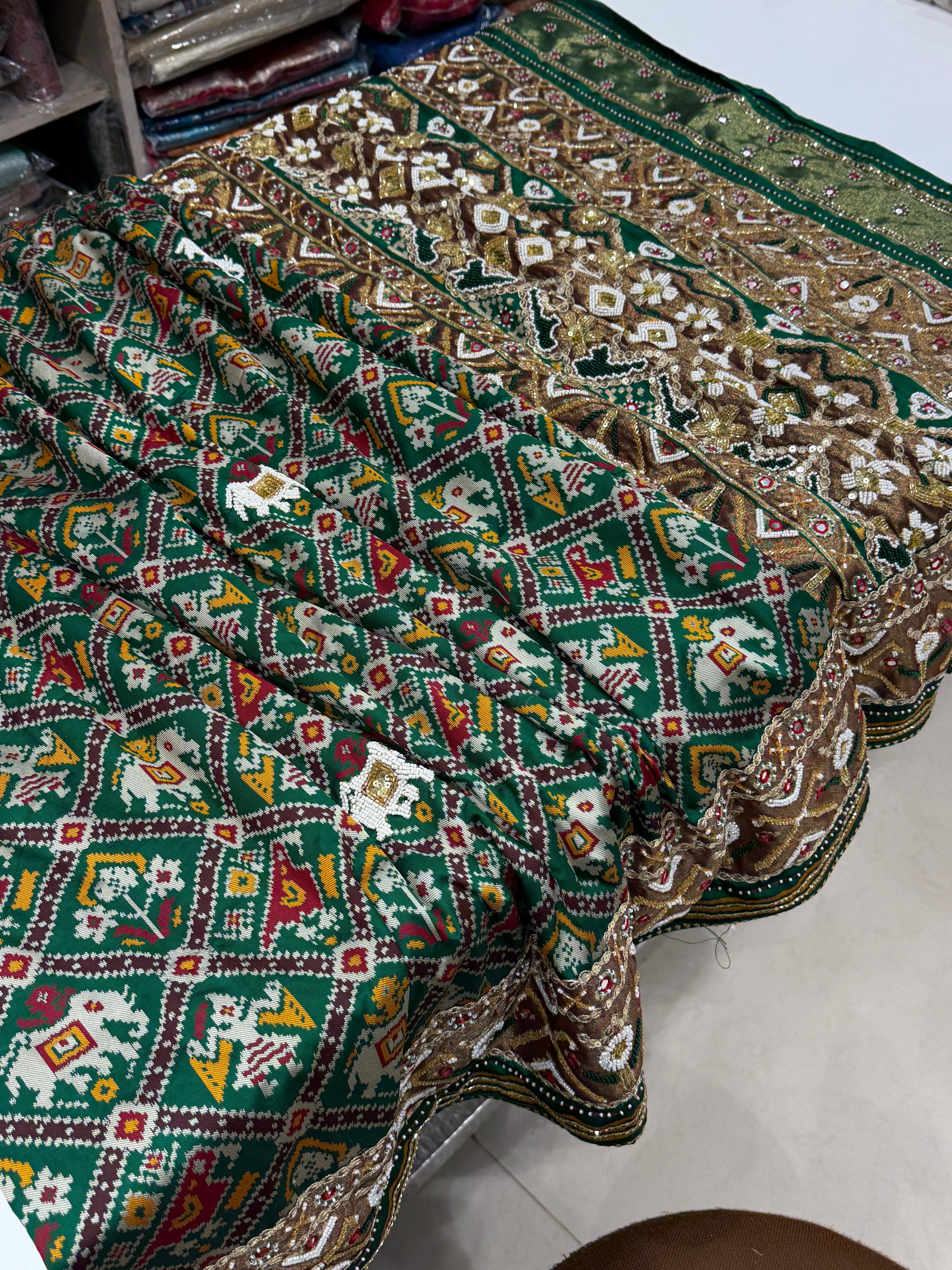 Bottle Green Patola Chhabdi Bhat Kidiya Moti Hand Embroidery Patola Saree