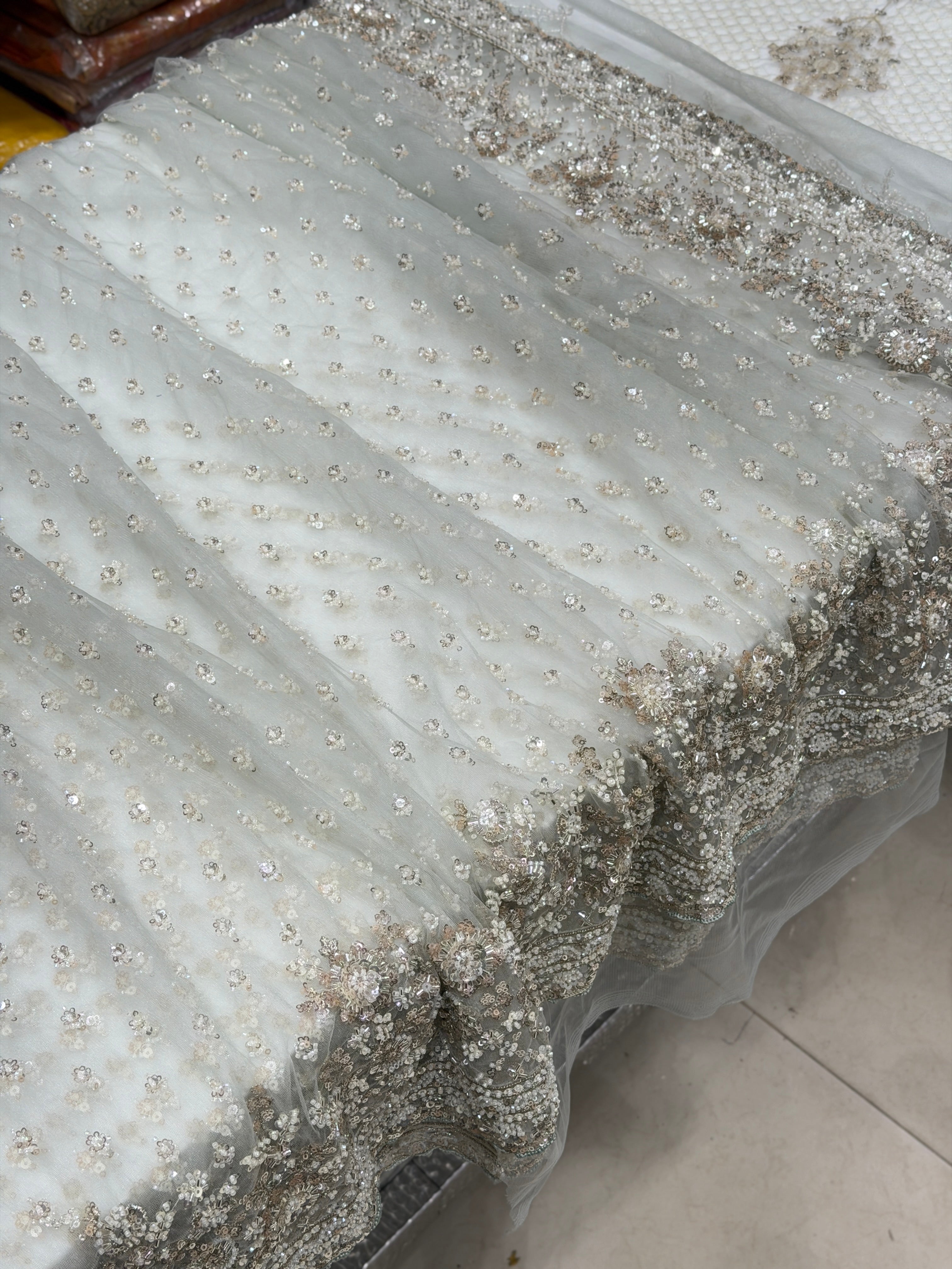 Light Blue Buttis Heavy Blouse Soft Net Embroidery Saree