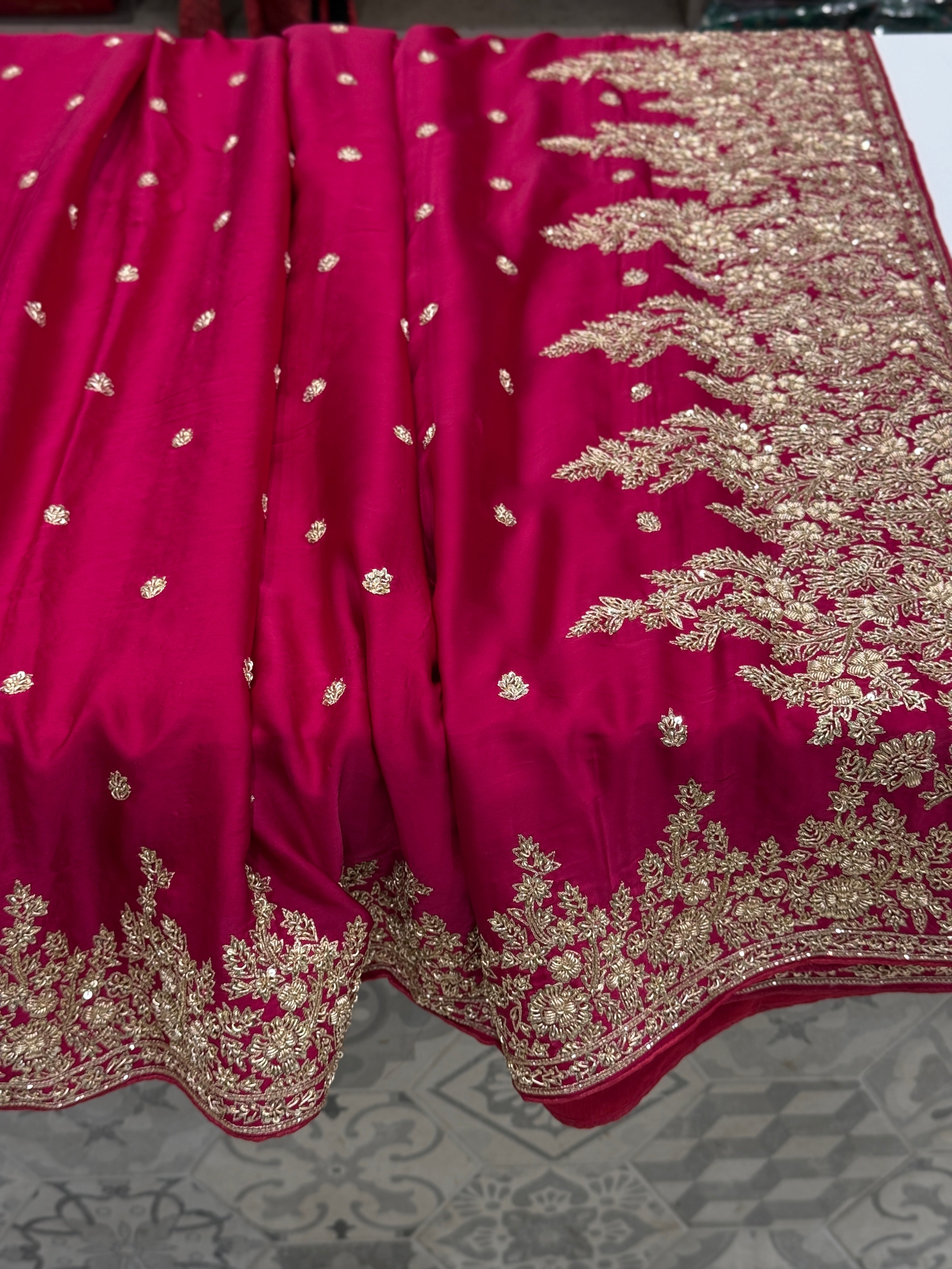 Rani Pink Small Buttis Satin Hand Embroidery Zardosi Saree