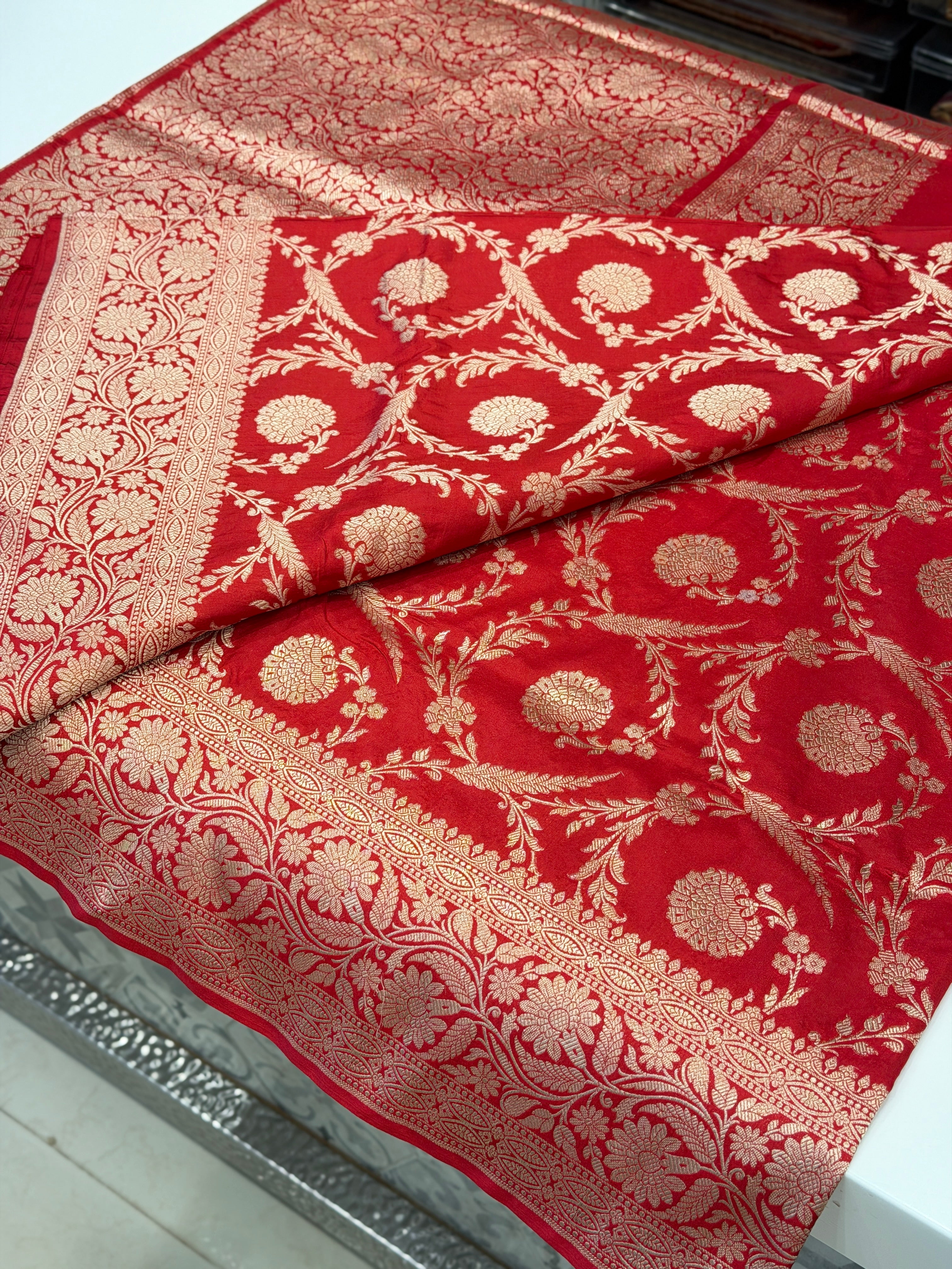 Red Jaal Weaved Banarasi Handloom Katan Silk Saree